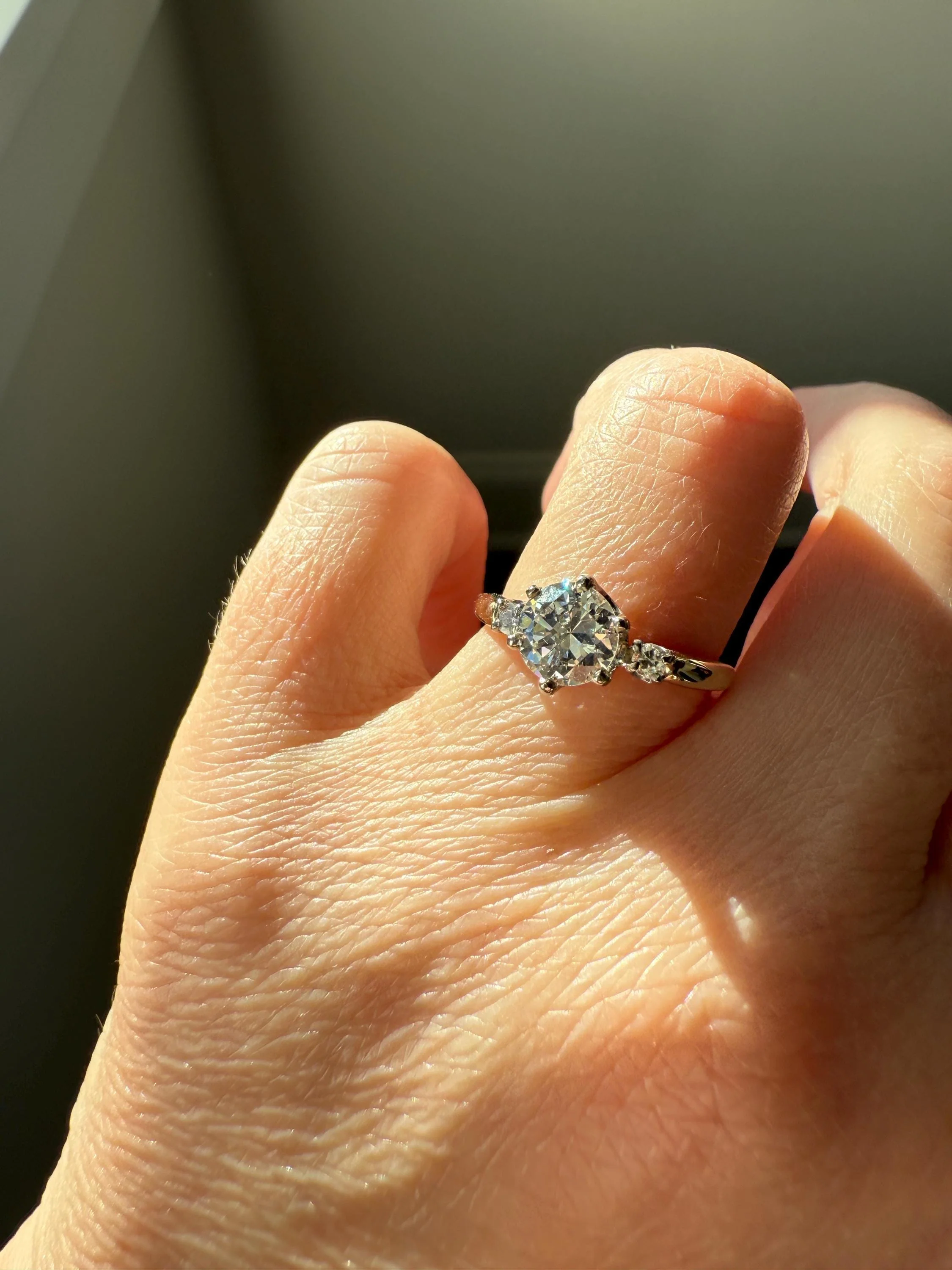 A+ Vintage One CARAT Transitional Cut DIAMOND Eye Clean Solitaire Engagement Ring w/ accents 18k Gold Fiery Stacker - Image 2