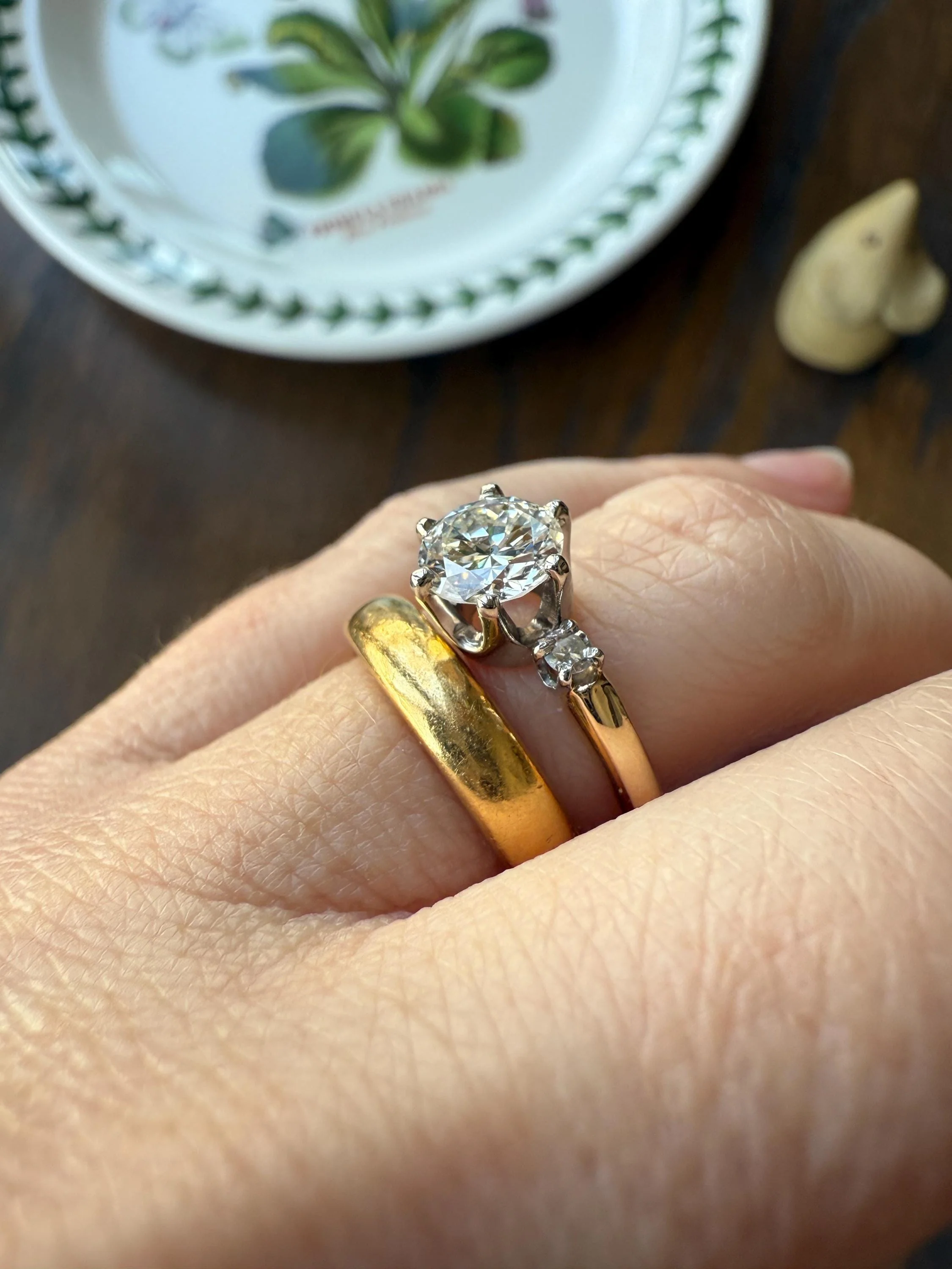 A+ Vintage One CARAT Transitional Cut DIAMOND Eye Clean Solitaire Engagement Ring w/ accents 18k Gold Fiery Stacker - Image 8