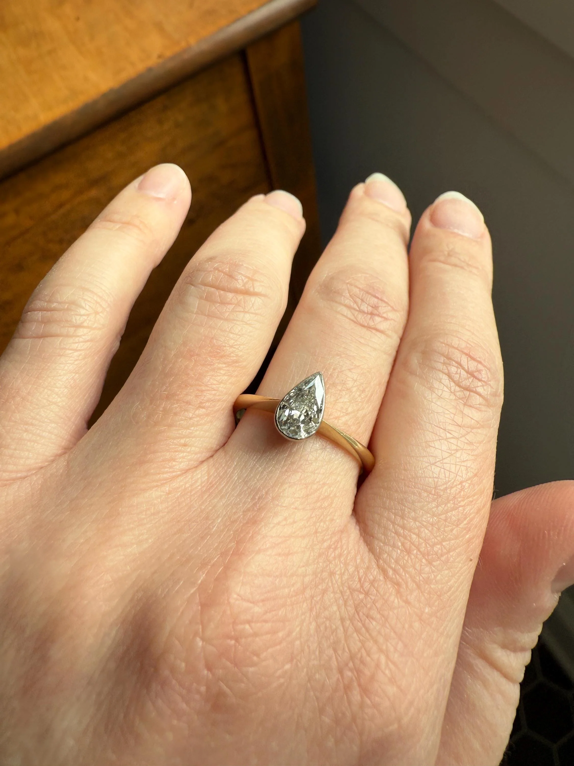 Vintage PEAR Natural Diamond Solitaire Ring One Carat 18k Gold Bezel Set Knife Edge Band Engagement Stacker - Image 11