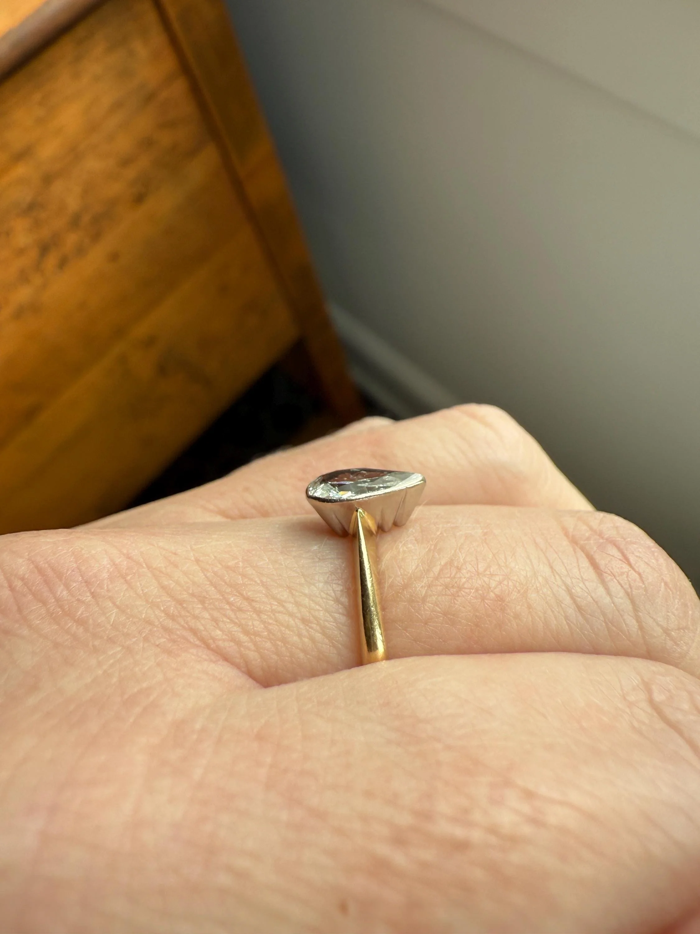Vintage PEAR Natural Diamond Solitaire Ring One Carat 18k Gold Bezel Set Knife Edge Band Engagement Stacker - Image 13