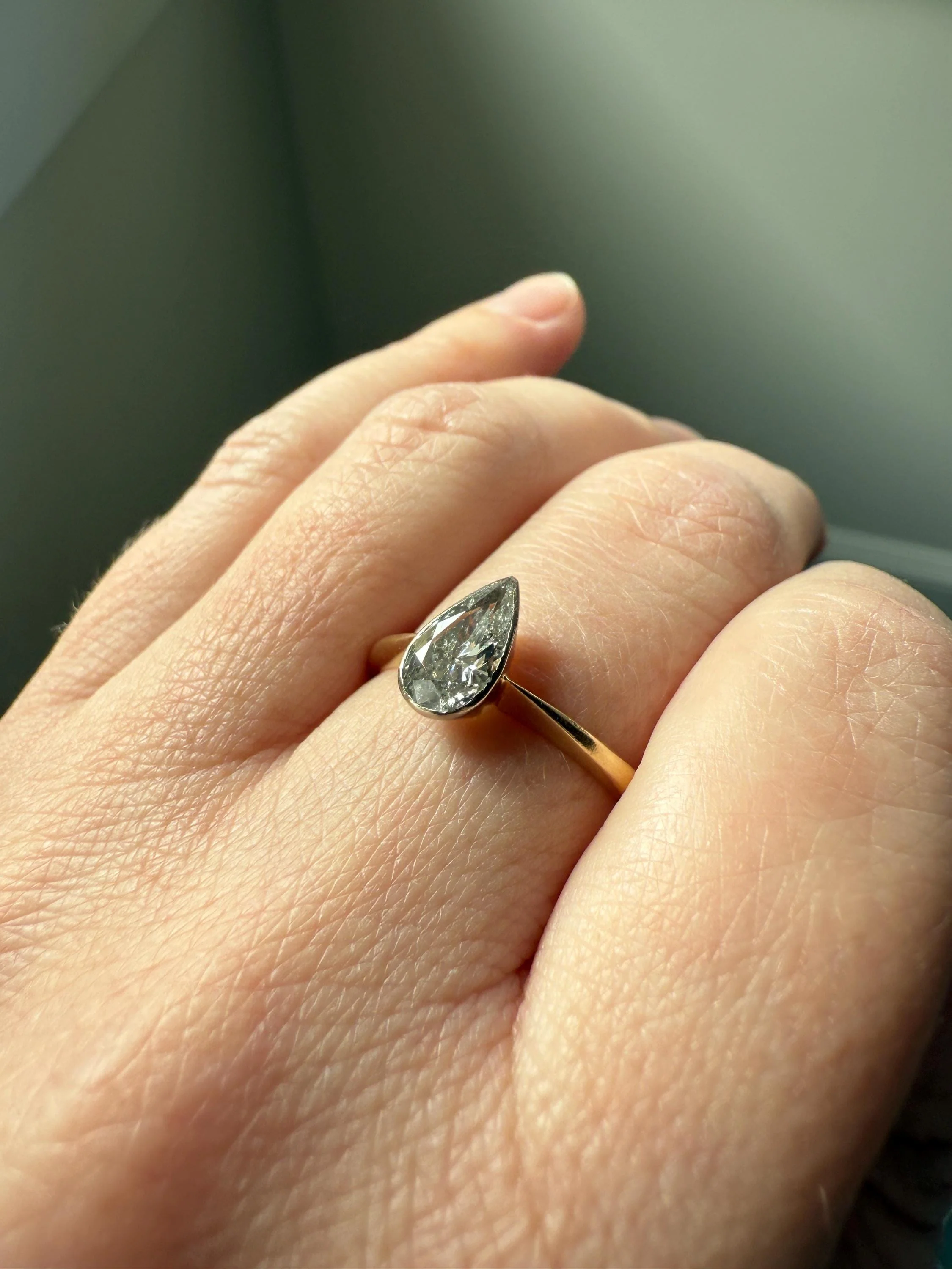 Vintage PEAR Natural Diamond Solitaire Ring One Carat 18k Gold Bezel Set Knife Edge Band Engagement Stacker - Image 14