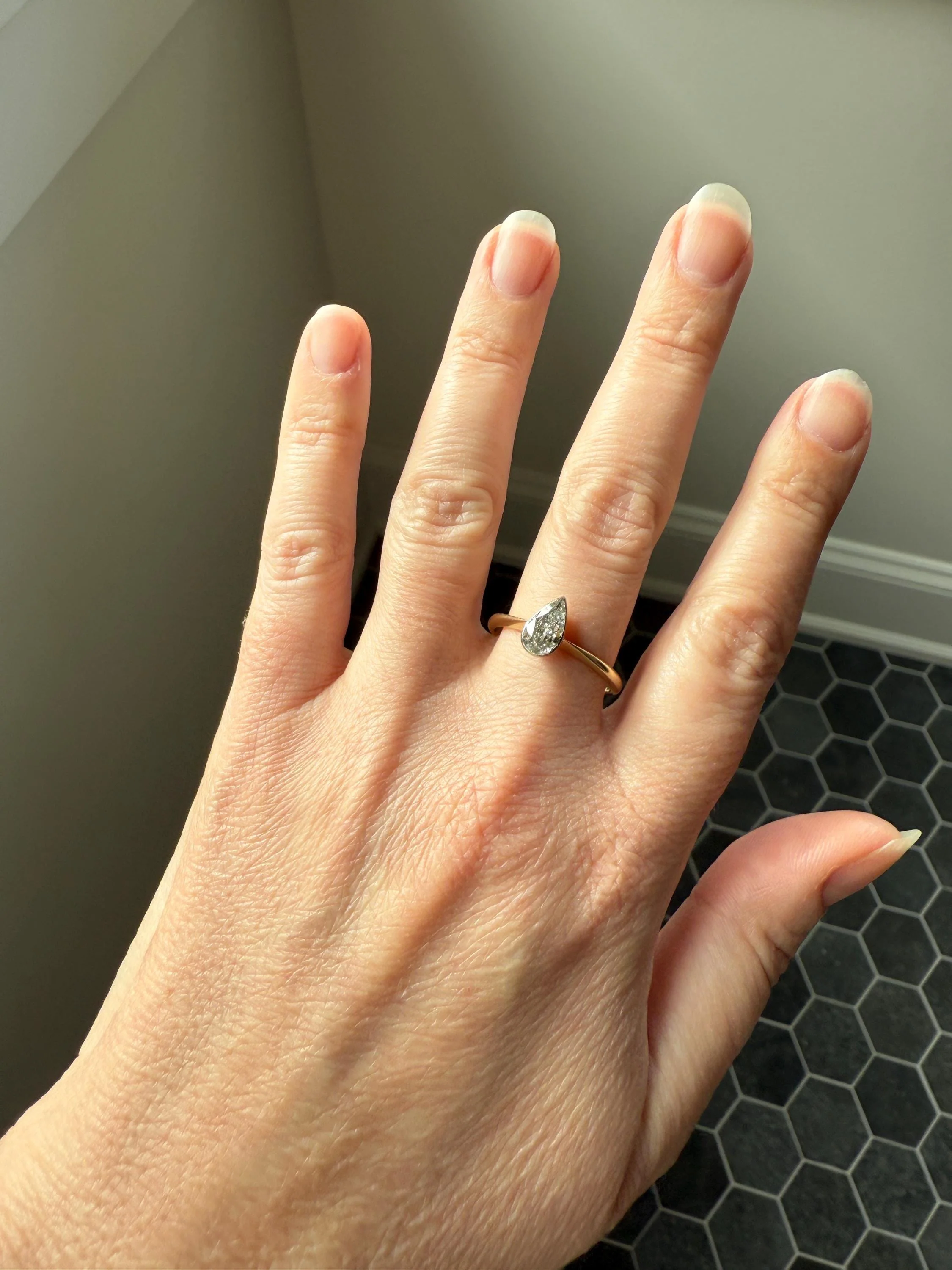 Vintage PEAR Natural Diamond Solitaire Ring One Carat 18k Gold Bezel Set Knife Edge Band Engagement Stacker - Image 15