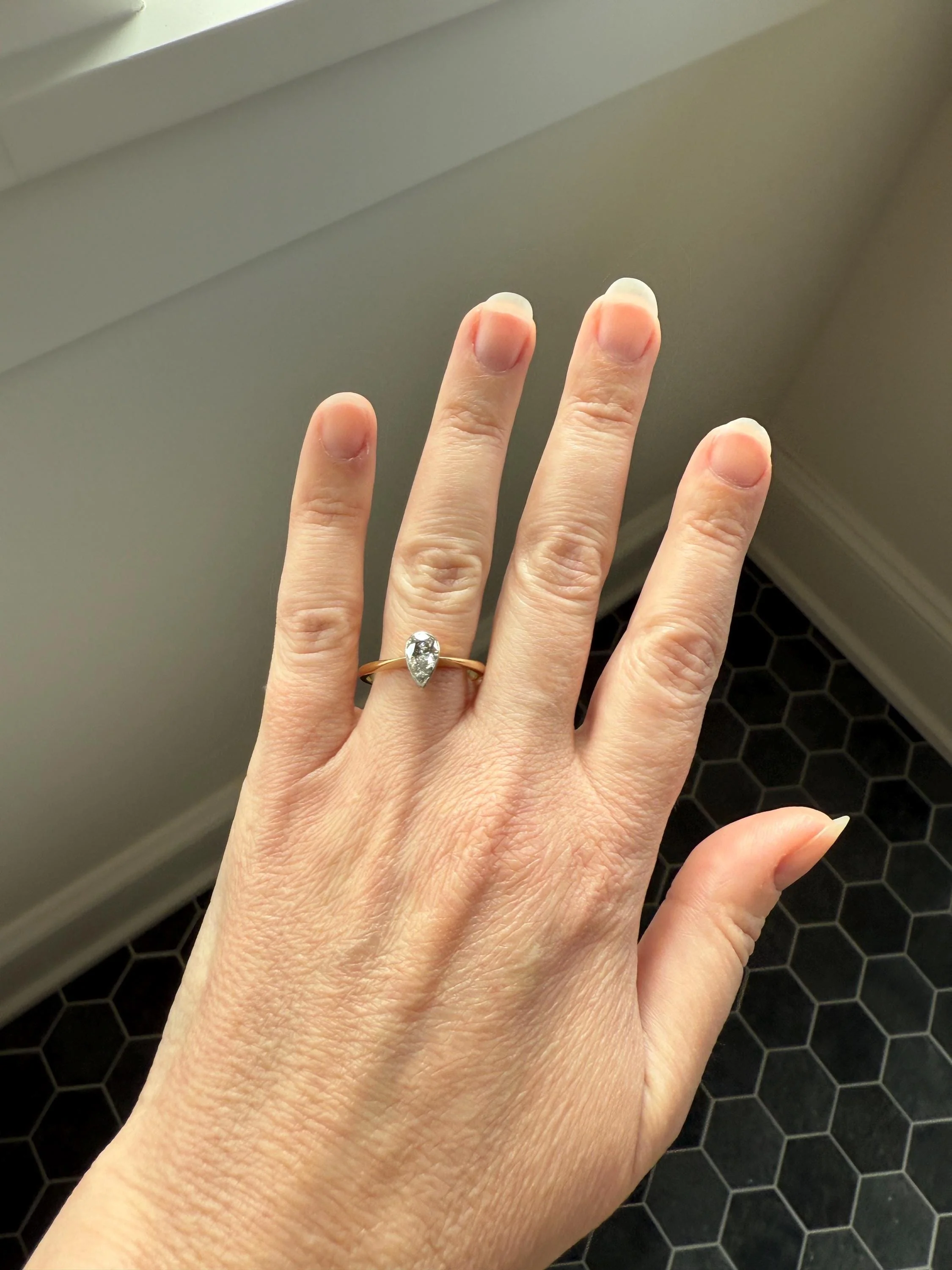 Vintage PEAR Natural Diamond Solitaire Ring One Carat 18k Gold Bezel Set Knife Edge Band Engagement Stacker - Image 2