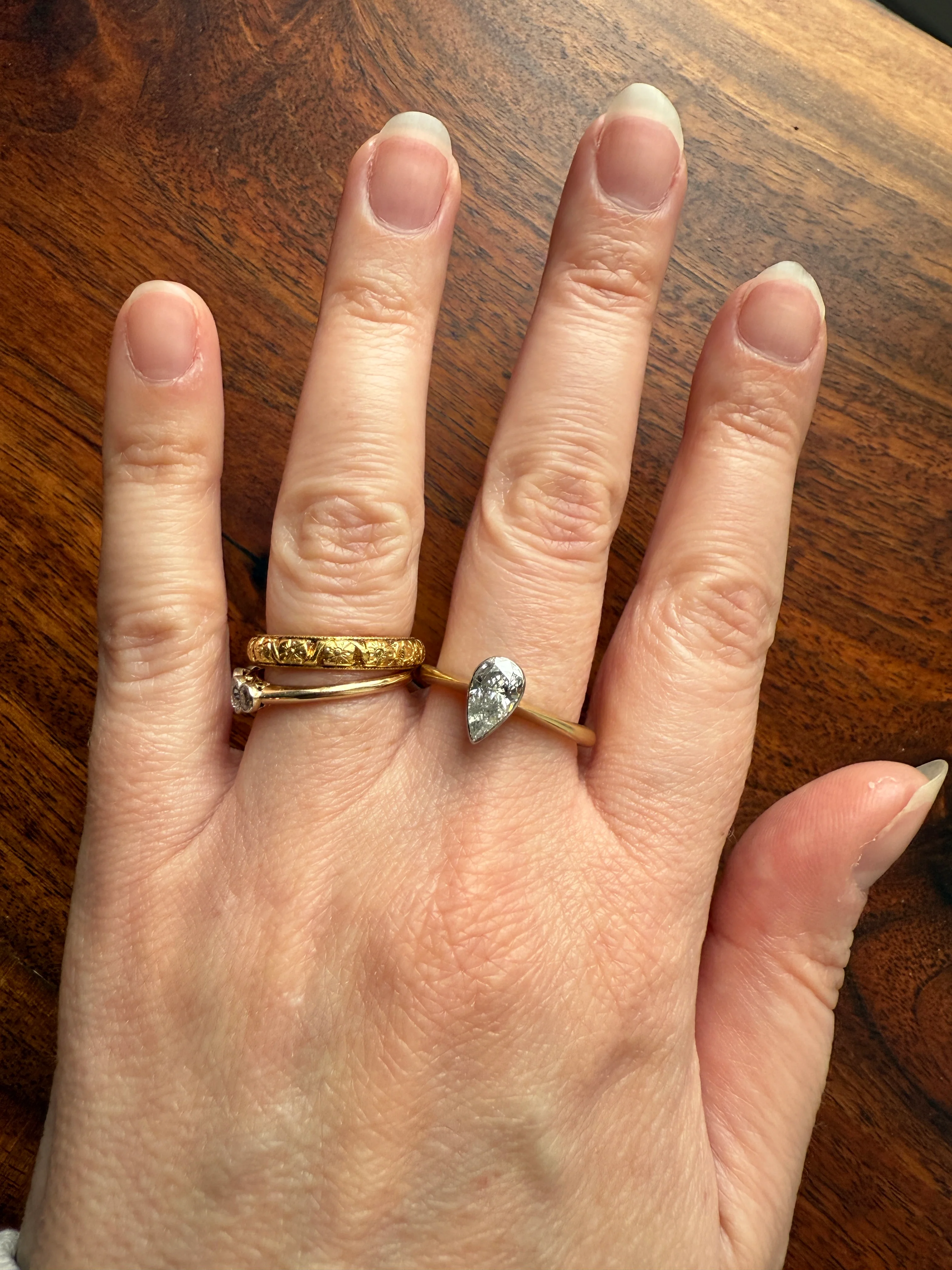 Vintage PEAR Natural Diamond Solitaire Ring One Carat 18k Gold Bezel Set Knife Edge Band Engagement Stacker - Image 22