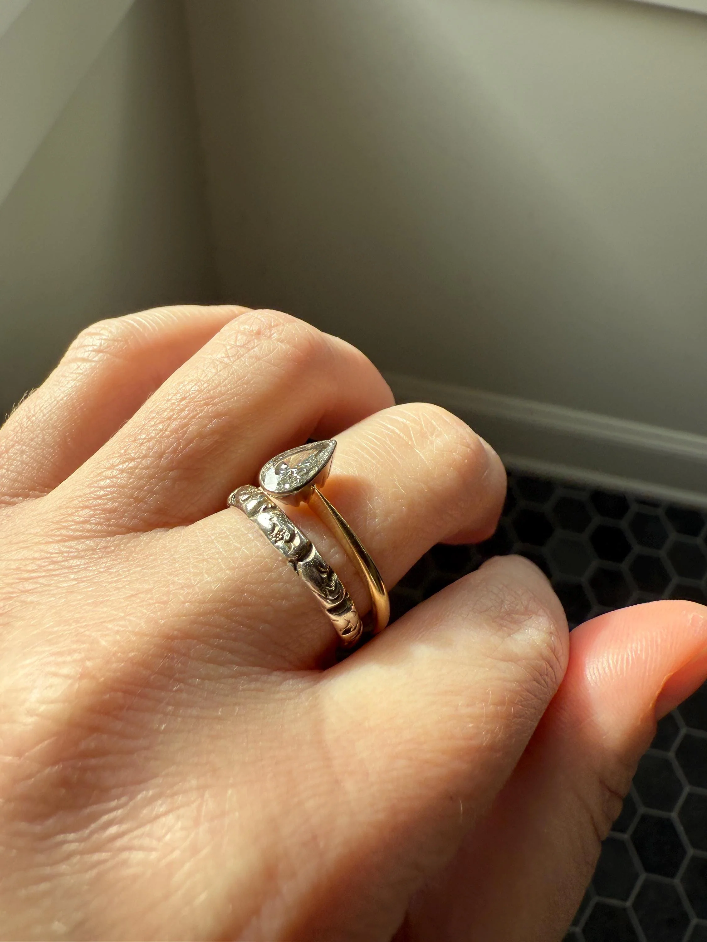 Vintage PEAR Natural Diamond Solitaire Ring One Carat 18k Gold Bezel Set Knife Edge Band Engagement Stacker - Image 9