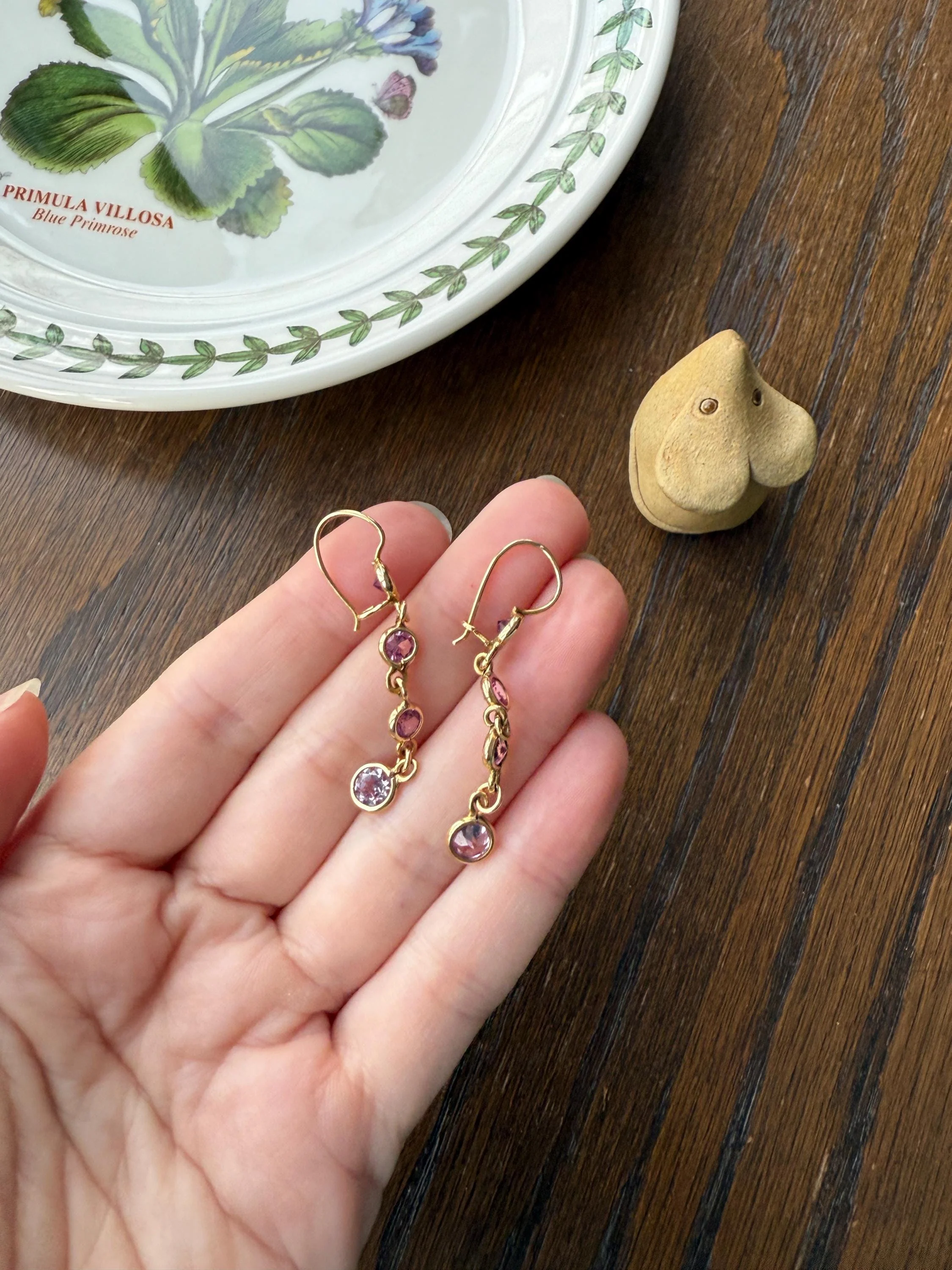 Vintage PINK SAPPHIRE 14k Gold Solid Bezel Set Dangle Earrings Linear Lilac Pastel Pink Sparkle - Image 12