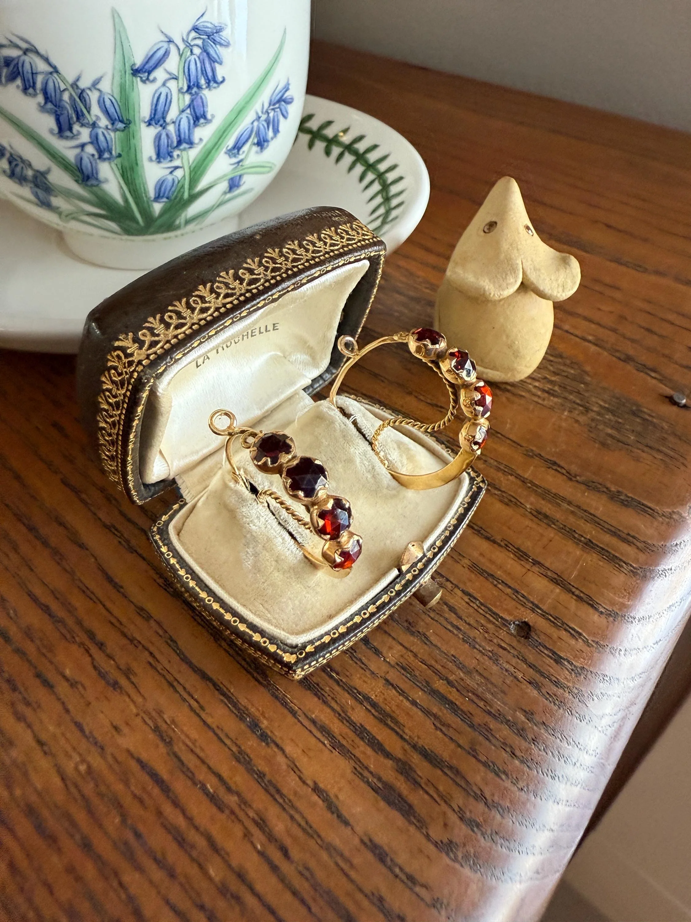 Vintage Rose Cut Perpignan GARNET Poissarde Hoop EARRINGS 18k Gold French Belle Epoque Foiled Domed Back Crimson Red - Image 13