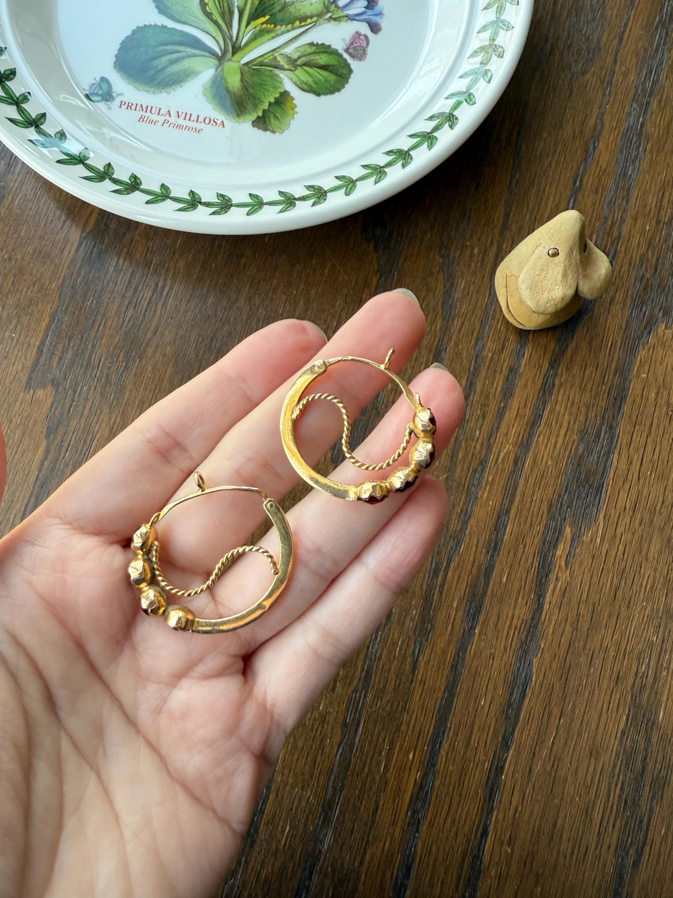 Vintage Rose Cut Perpignan GARNET Poissarde Hoop EARRINGS 18k Gold French Belle Epoque Foiled Domed Back Crimson Red - Image 17