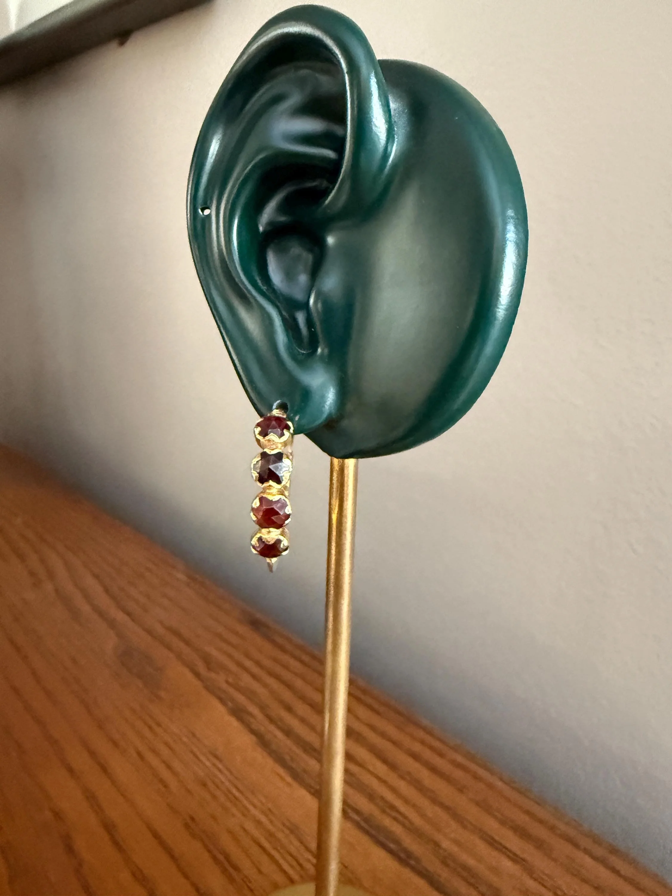 Vintage Rose Cut Perpignan GARNET Poissarde Hoop EARRINGS 18k Gold French Belle Epoque Foiled Domed Back Crimson Red - Image 2