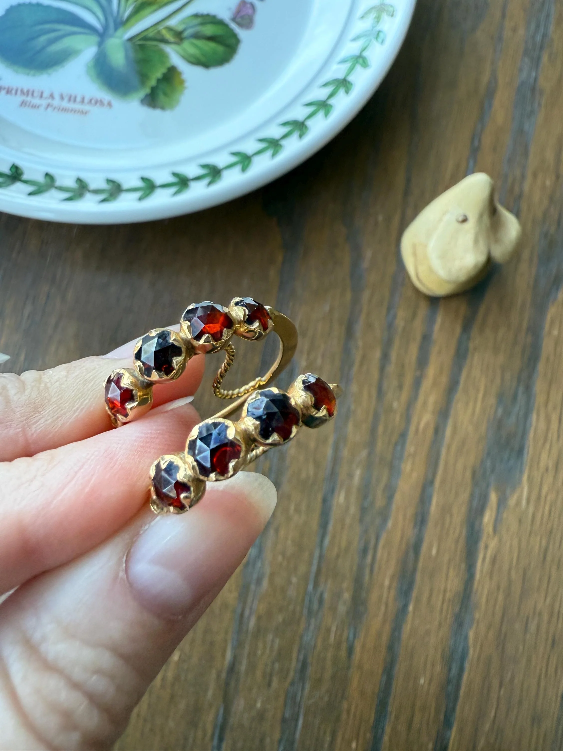 Vintage Rose Cut Perpignan GARNET Poissarde Hoop EARRINGS 18k Gold French Belle Epoque Foiled Domed Back Crimson Red - Image 3