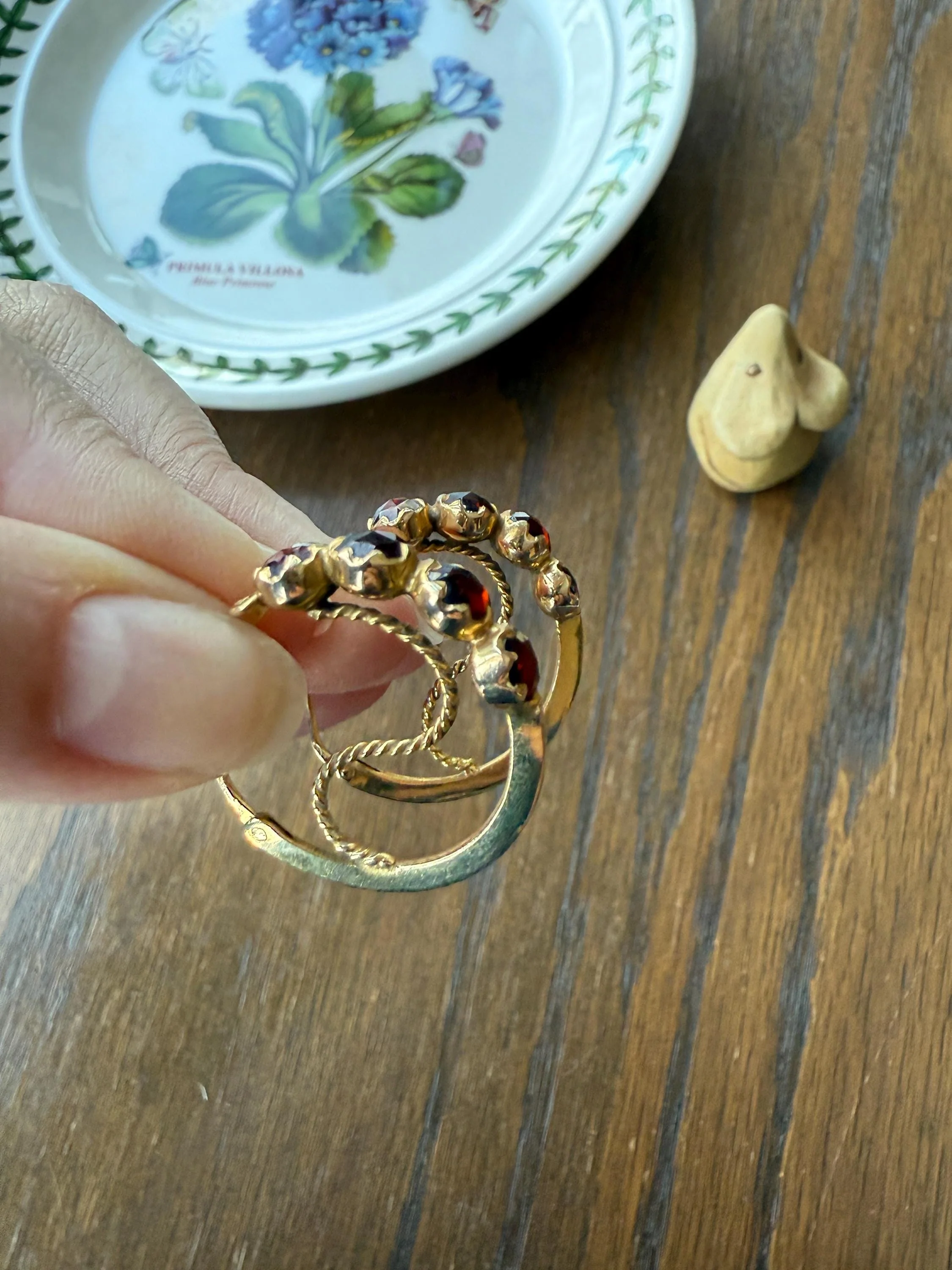 Vintage Rose Cut Perpignan GARNET Poissarde Hoop EARRINGS 18k Gold French Belle Epoque Foiled Domed Back Crimson Red - Image 6