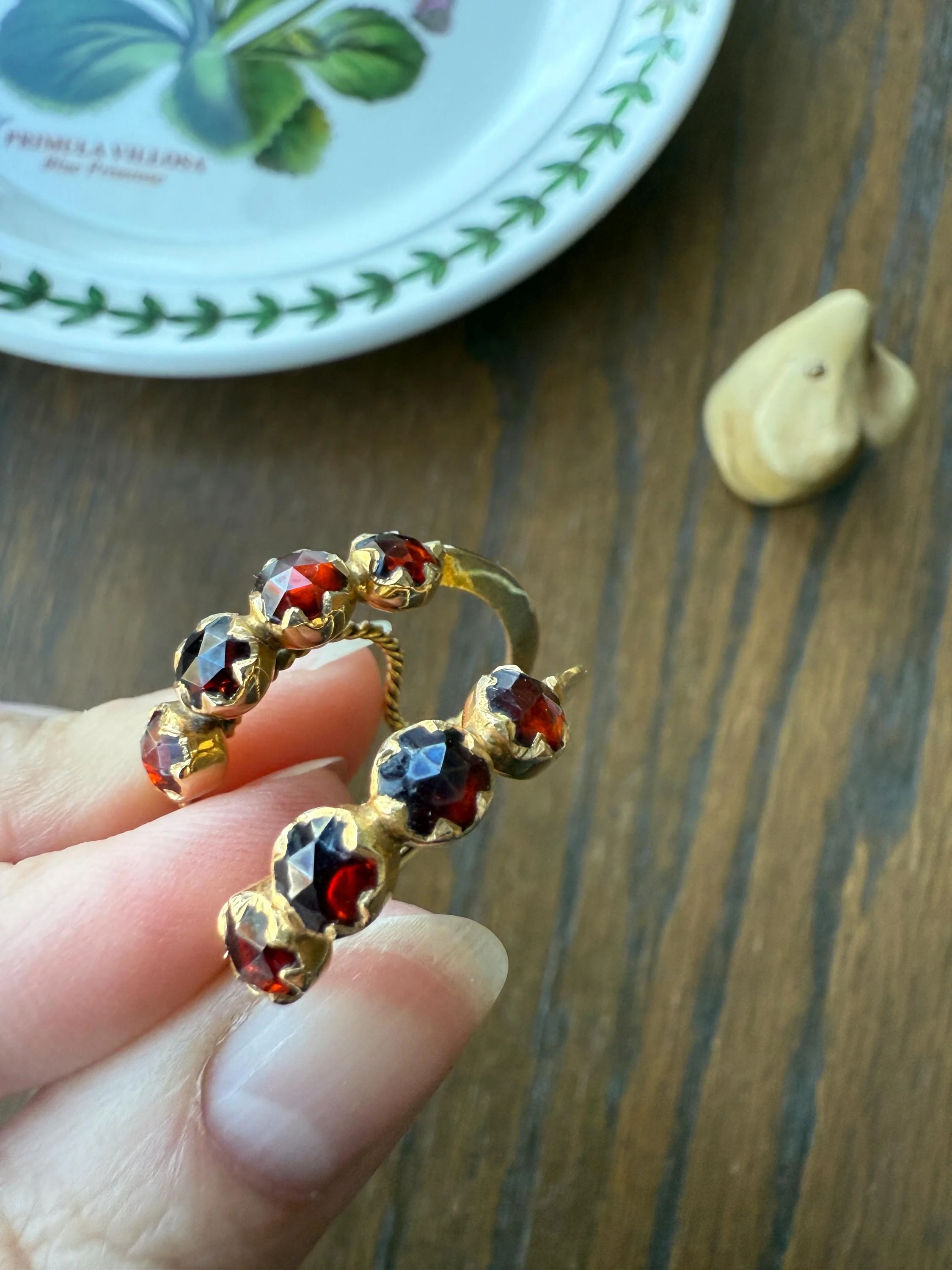 Vintage Rose Cut Perpignan GARNET Poissarde Hoop EARRINGS 18k Gold French Belle Epoque Foiled Domed Back Crimson Red - Image 8