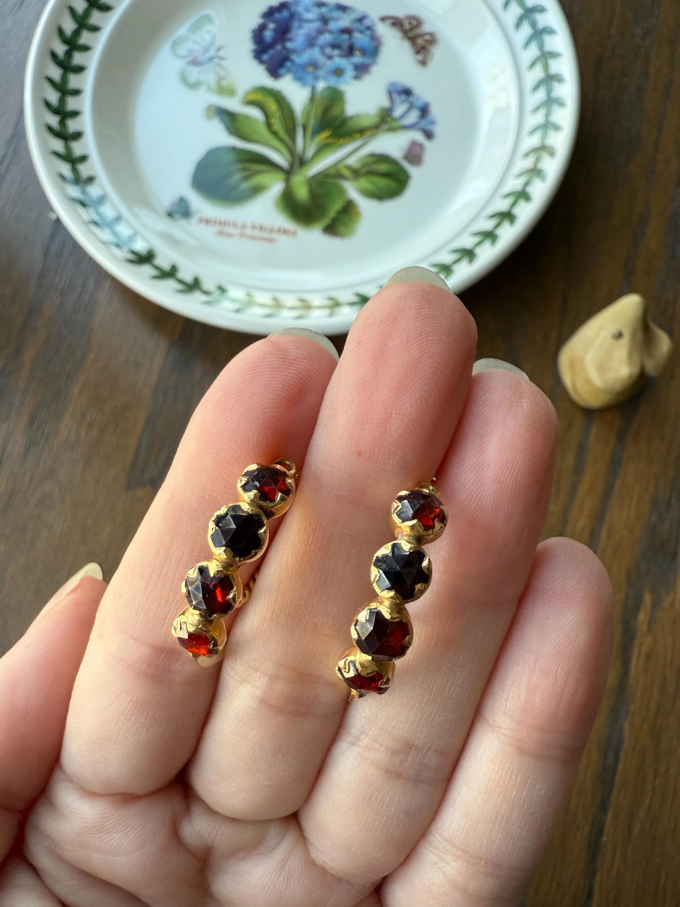 Vintage Rose Cut Perpignan GARNET Poissarde Hoop EARRINGS 18k Gold French Belle Epoque Foiled Domed Back Crimson Red - Image 9