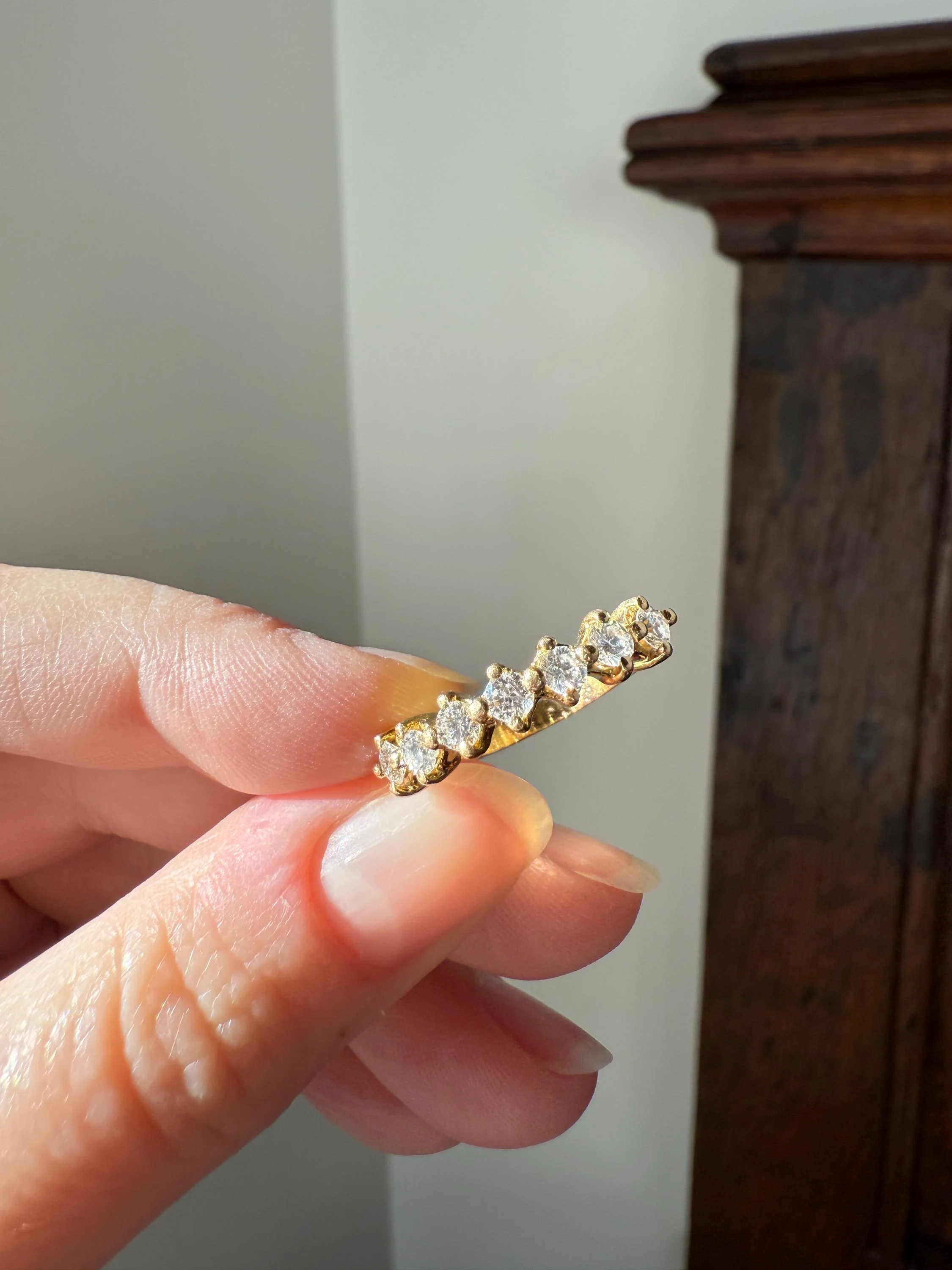 Vintage Seven Stone Diamond Half Hoop Eternity Band French 18k Gold Wedding Stacker - Image 10