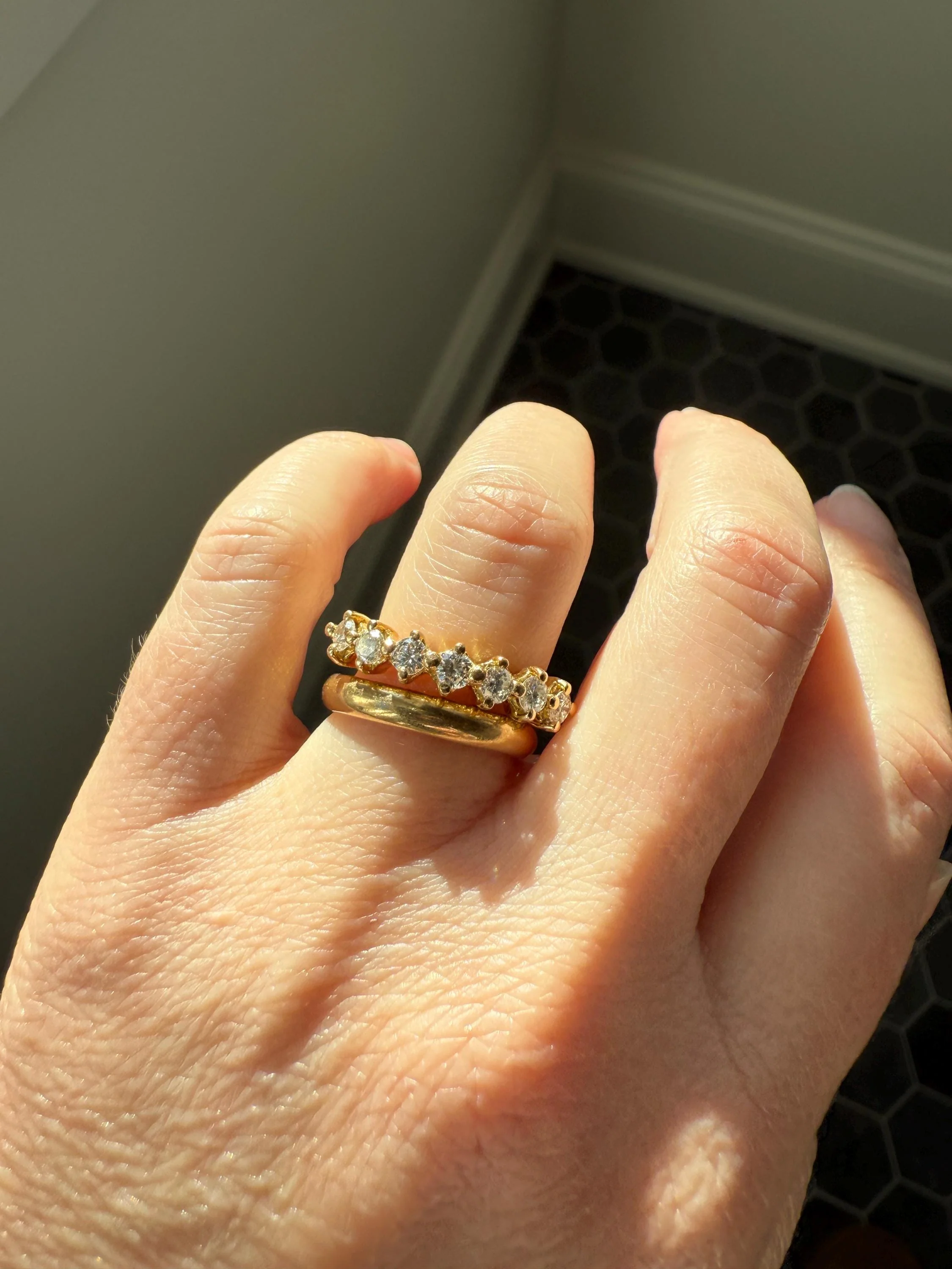 Vintage Seven Stone Diamond Half Hoop Eternity Band French 18k Gold Wedding Stacker - Image 19