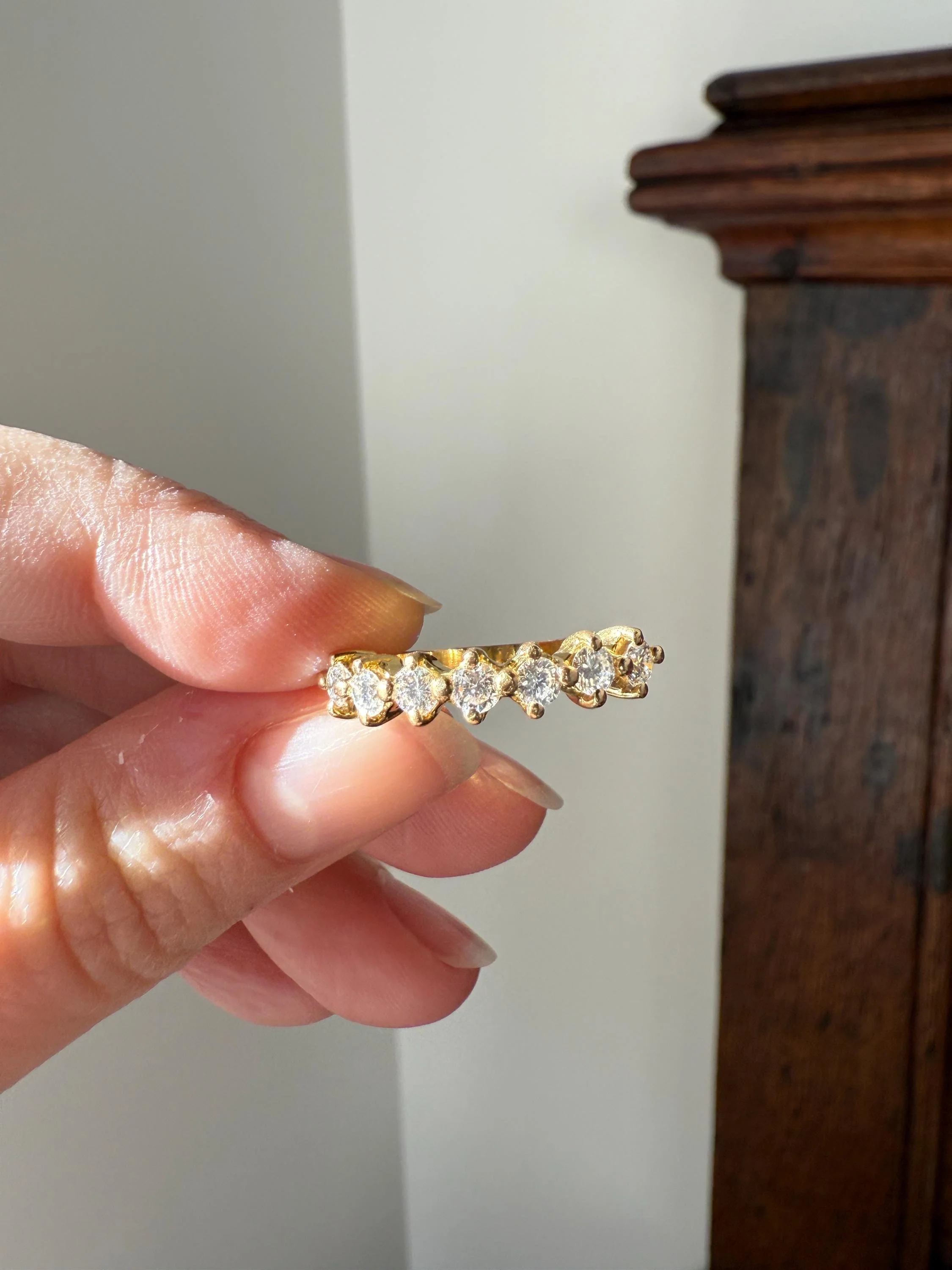 Vintage Seven Stone Diamond Half Hoop Eternity Band French 18k Gold Wedding Stacker - Image 3