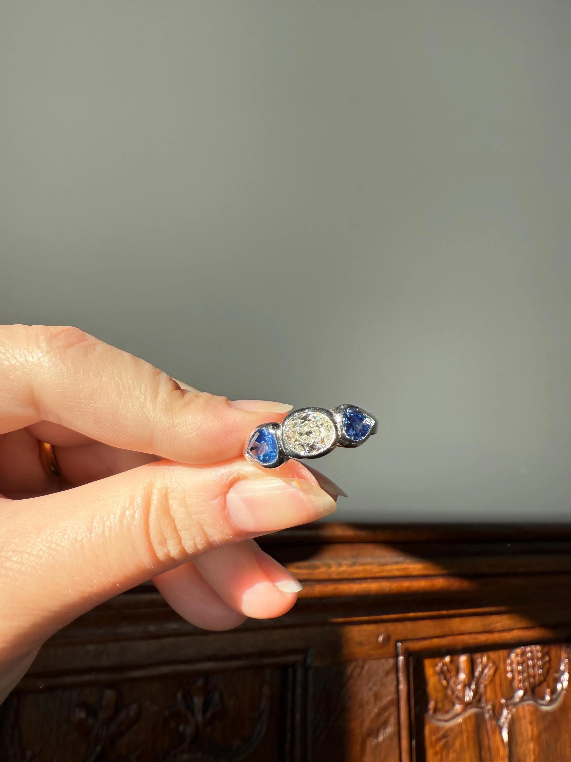 Vintage Spready One Carat Old Mine Cut DIAMOND Natural Pear SAPPHIRE East West OVAL Platinum Three Stone Ring Bezel Stacker Band Blue Chunky - Image 12