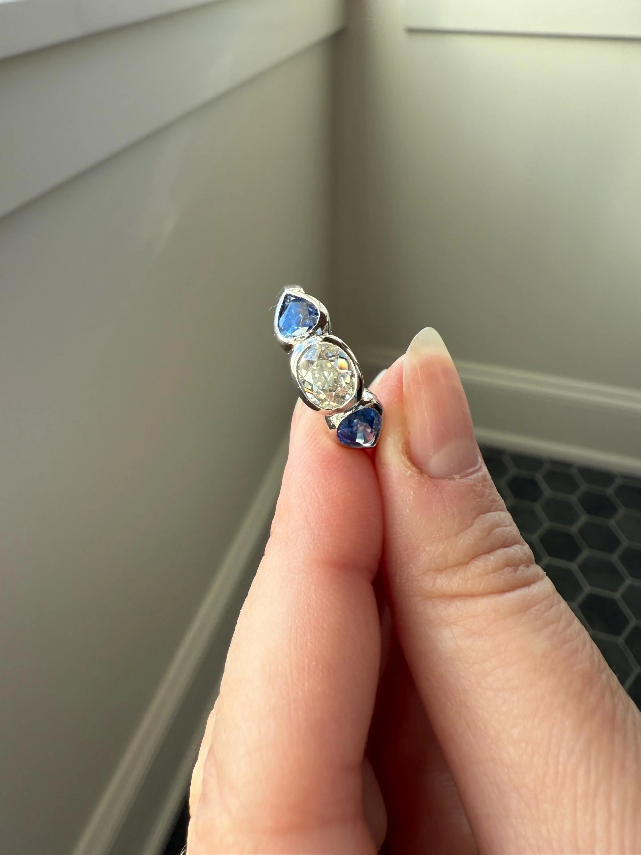 Vintage Spready One Carat Old Mine Cut DIAMOND Natural Pear SAPPHIRE East West OVAL Platinum Three Stone Ring Bezel Stacker Band Blue Chunky - Image 14