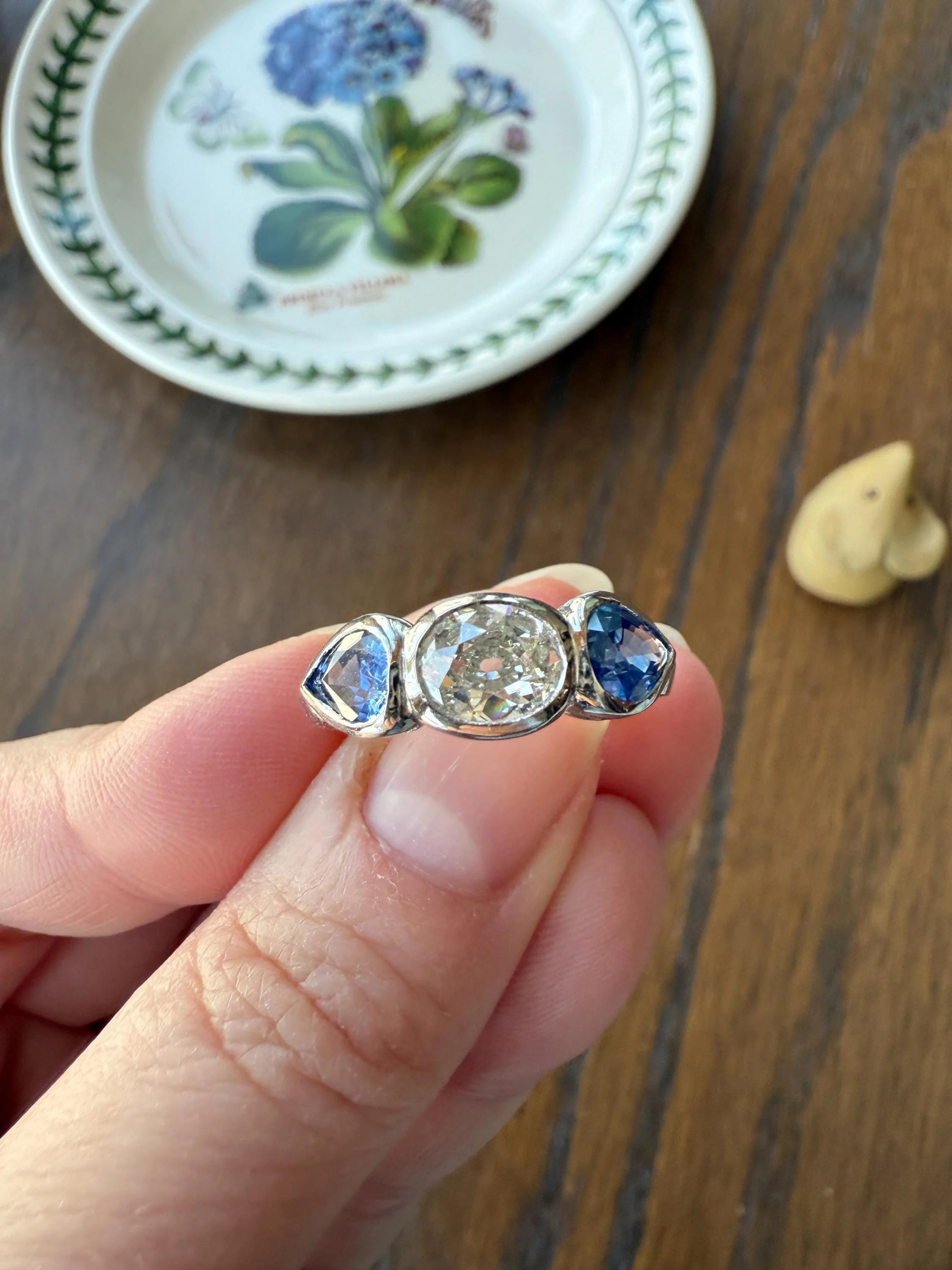 Vintage Spready One Carat Old Mine Cut DIAMOND Natural Pear SAPPHIRE East West OVAL Platinum Three Stone Ring Bezel Stacker Band Blue Chunky - Image 15