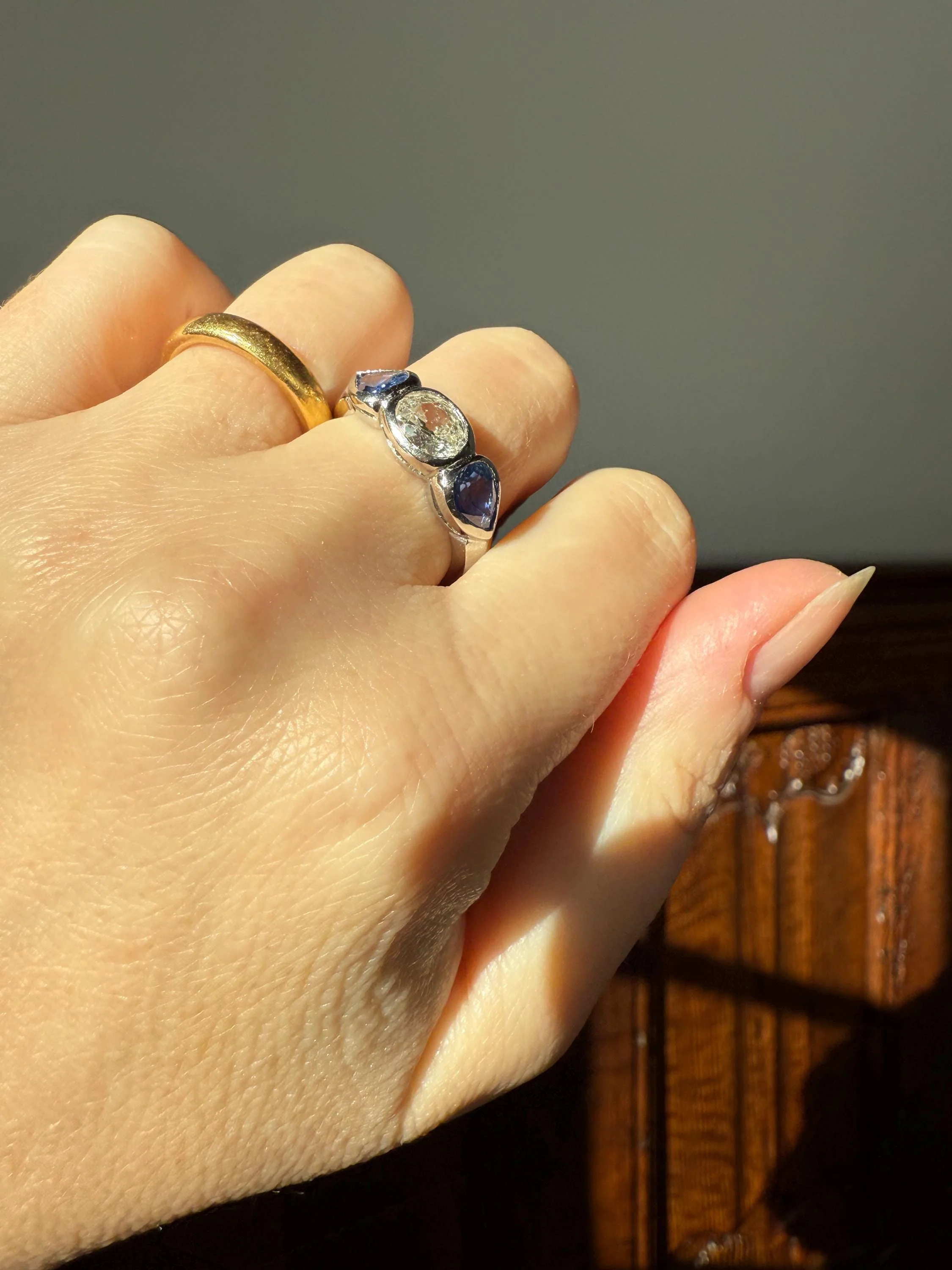 Vintage Spready One Carat Old Mine Cut DIAMOND Natural Pear SAPPHIRE East West OVAL Platinum Three Stone Ring Bezel Stacker Band Blue Chunky - Image 16