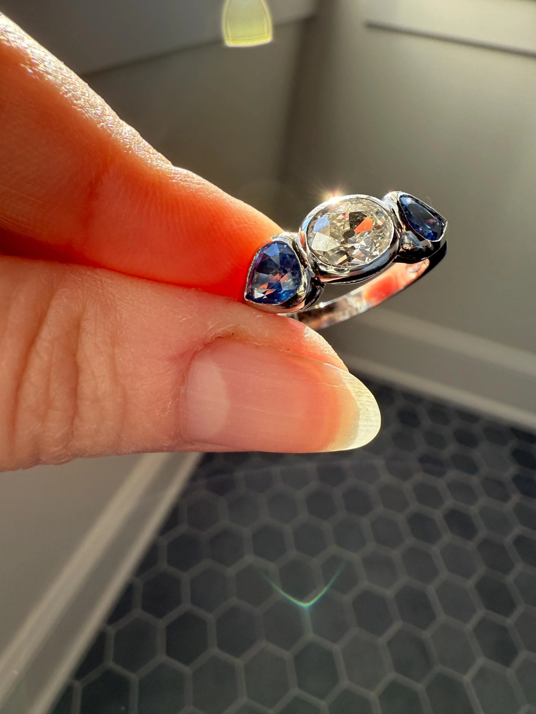 Vintage Spready One Carat Old Mine Cut DIAMOND Natural Pear SAPPHIRE East West OVAL Platinum Three Stone Ring Bezel Stacker Band Blue Chunky - Image 18