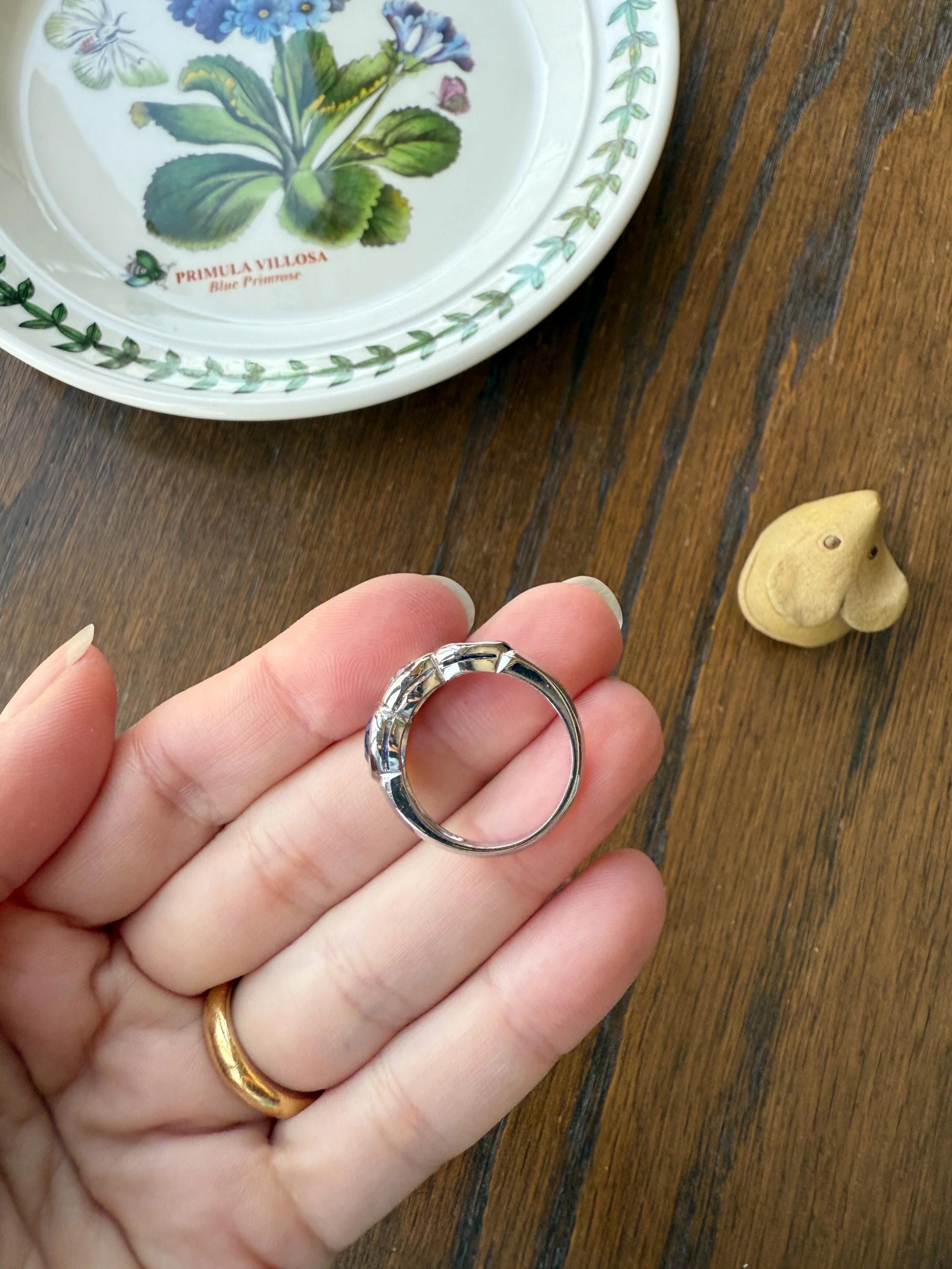 Vintage Spready One Carat Old Mine Cut DIAMOND Natural Pear SAPPHIRE East West OVAL Platinum Three Stone Ring Bezel Stacker Band Blue Chunky - Image 20