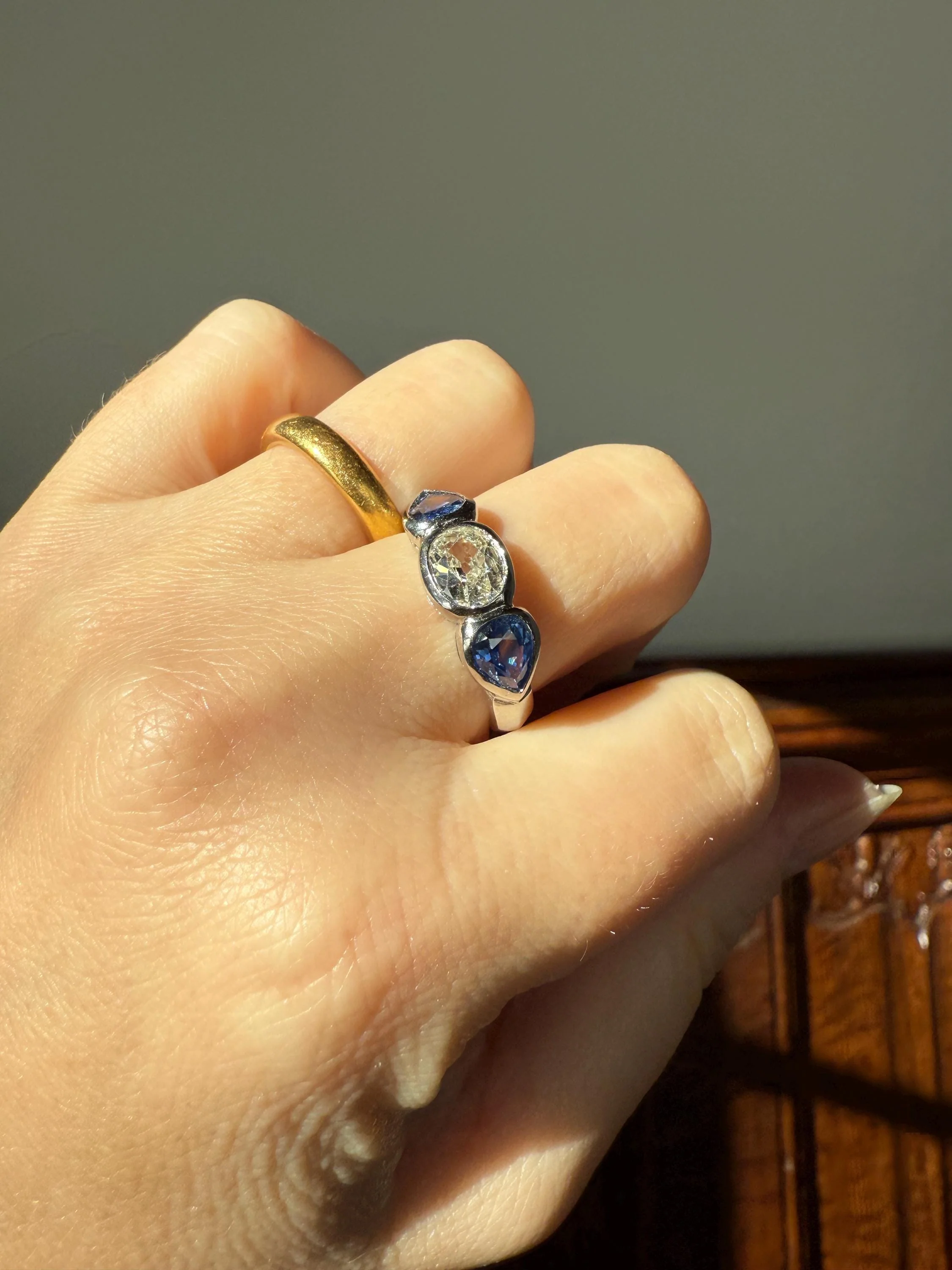 Vintage Spready One Carat Old Mine Cut DIAMOND Natural Pear SAPPHIRE East West OVAL Platinum Three Stone Ring Bezel Stacker Band Blue Chunky - Image 5