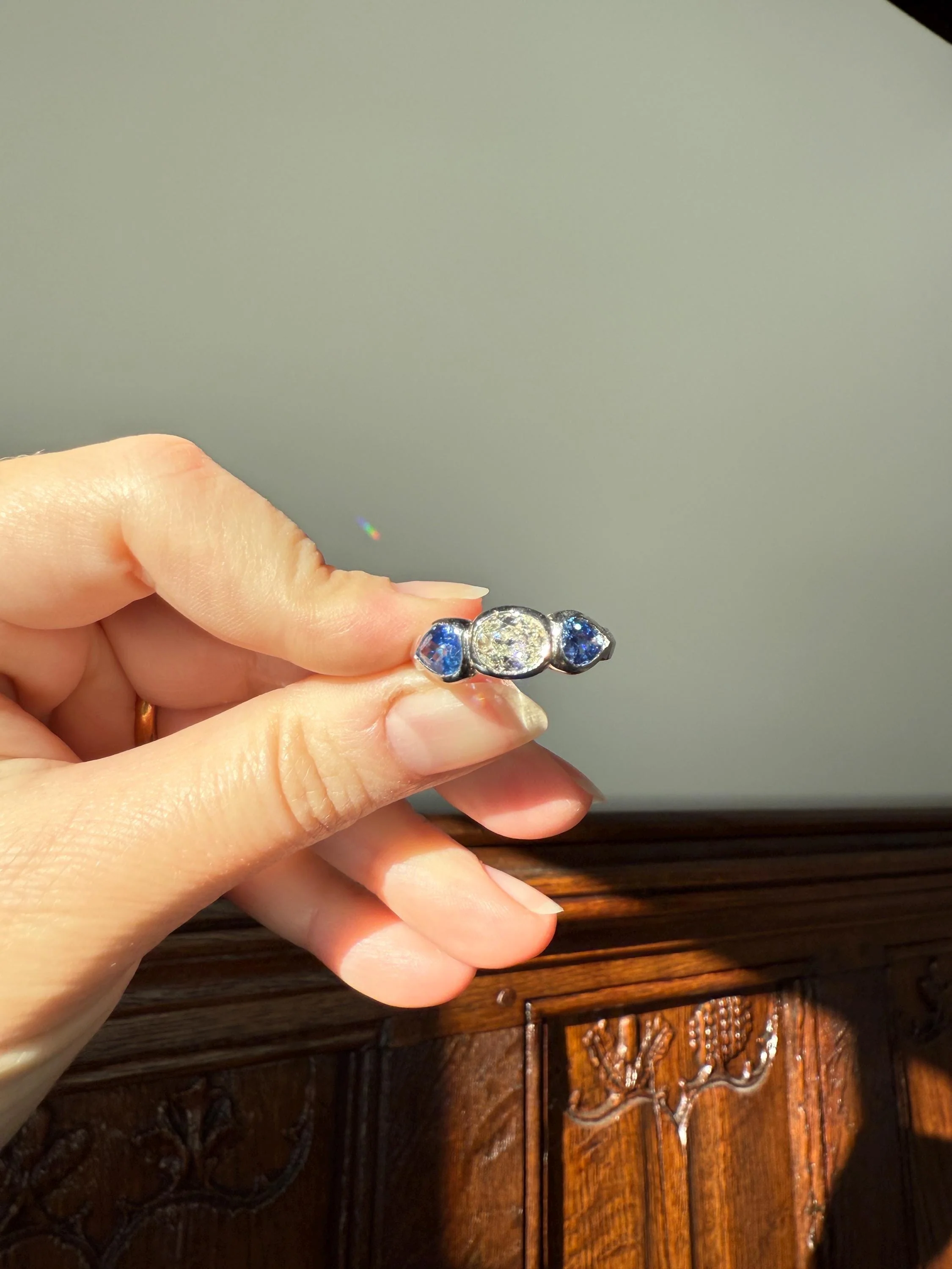 Vintage Spready One Carat Old Mine Cut DIAMOND Natural Pear SAPPHIRE East West OVAL Platinum Three Stone Ring Bezel Stacker Band Blue Chunky - Image 6