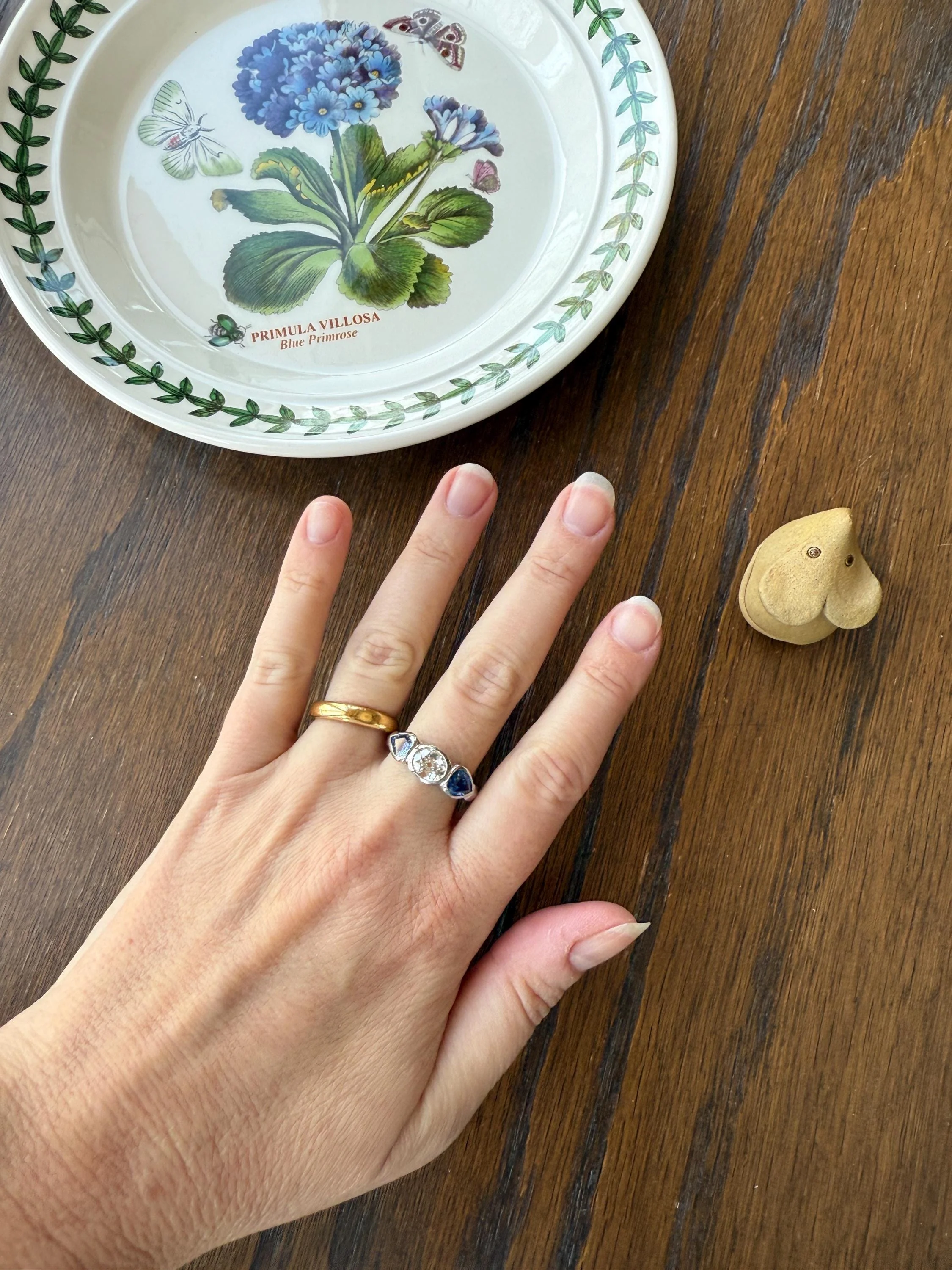 Vintage Spready One Carat Old Mine Cut DIAMOND Natural Pear SAPPHIRE East West OVAL Platinum Three Stone Ring Bezel Stacker Band Blue Chunky - Image 9