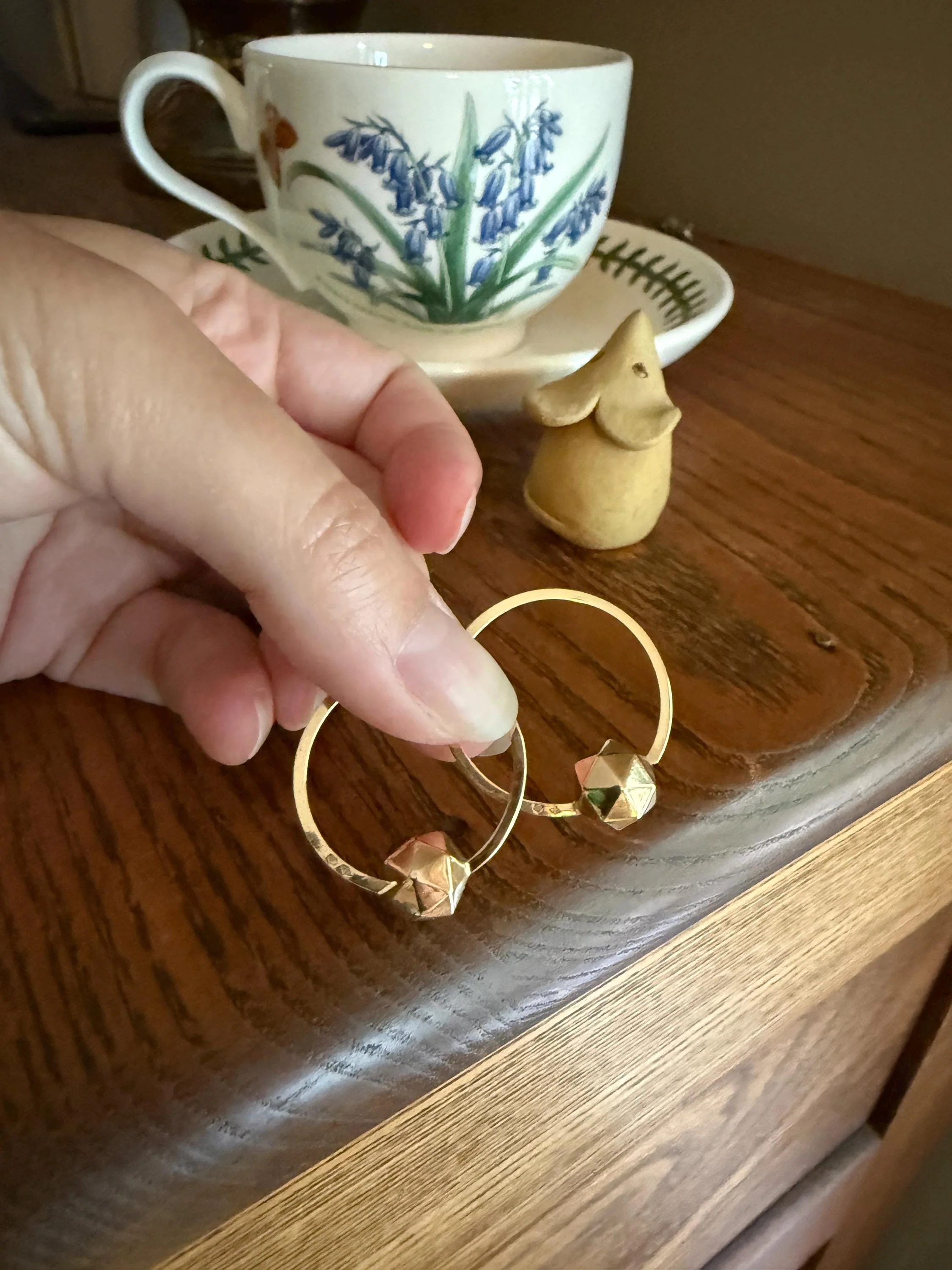 Vintage to Antique French Savoyard CREOLE Hoop EARRINGS 18k Gold Faceted Ball Shimmering Geometric - Image 11