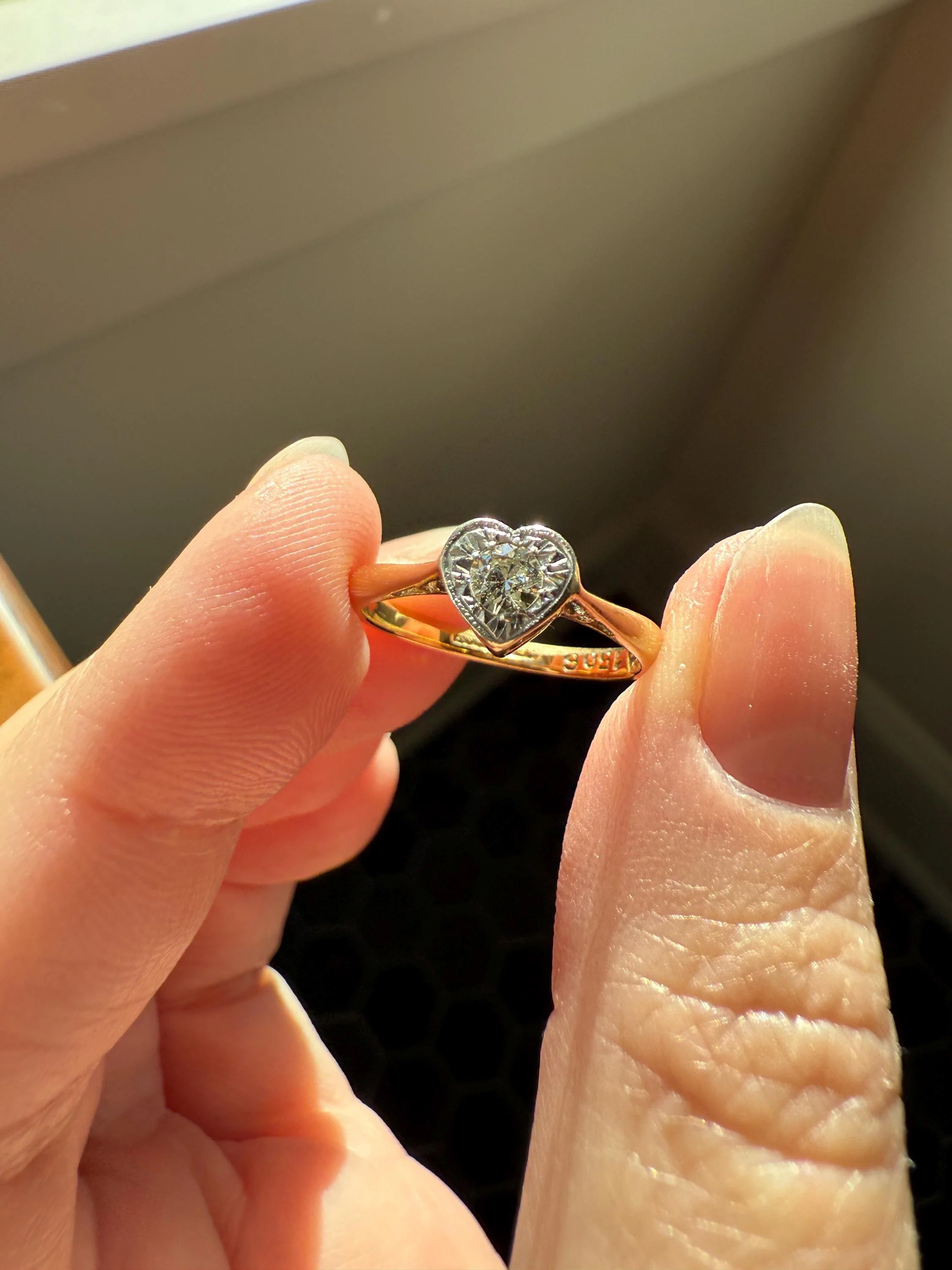 Vintage to Antique HEART Transitional Cut DIAMOND Ring Art Deco 18k Platinum Figural Stacker Band Romantic Gift Alt Engagement Starburst - Image 11