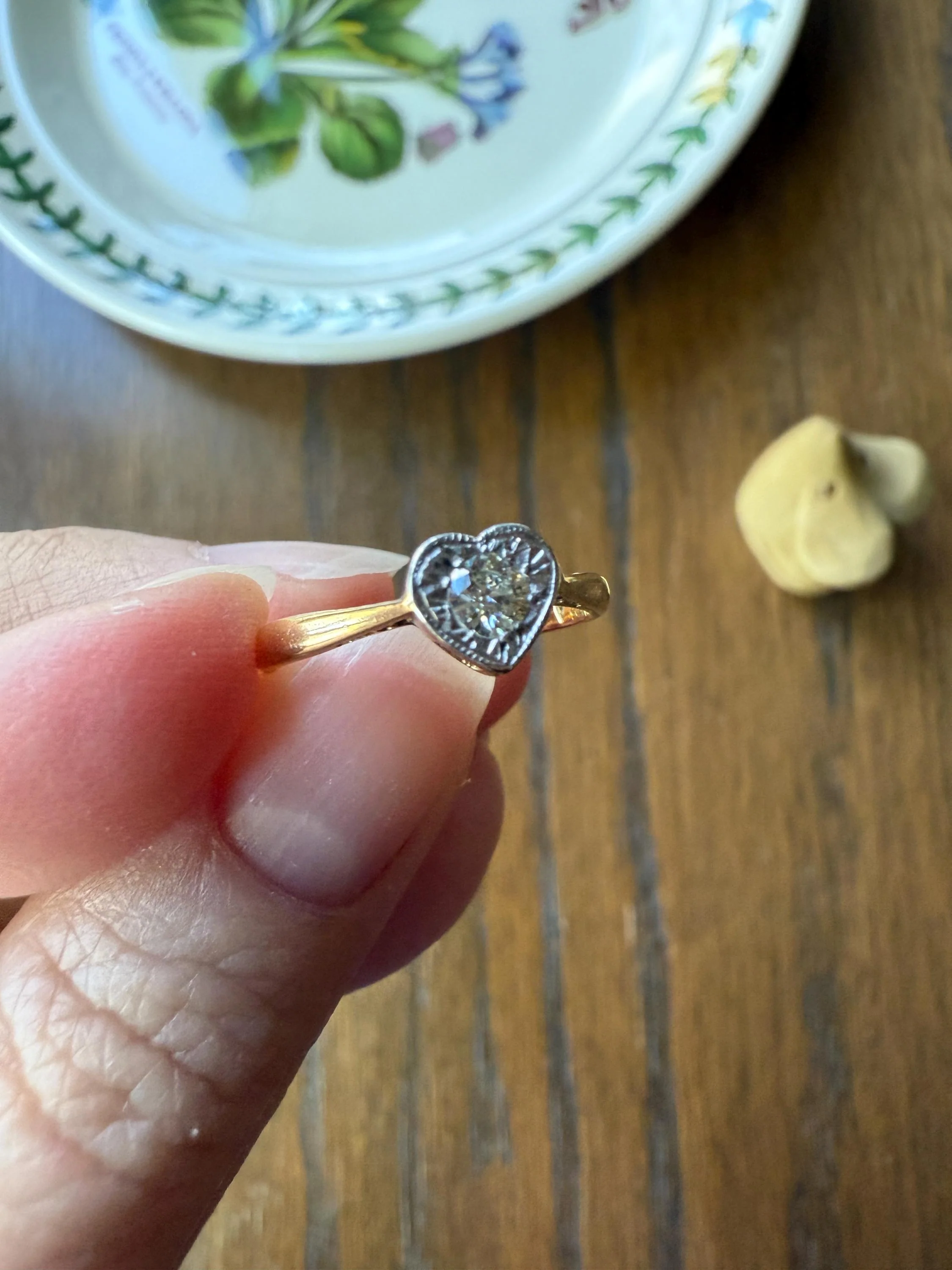 Vintage to Antique HEART Transitional Cut DIAMOND Ring Art Deco 18k Platinum Figural Stacker Band Romantic Gift Alt Engagement Starburst - Image 12