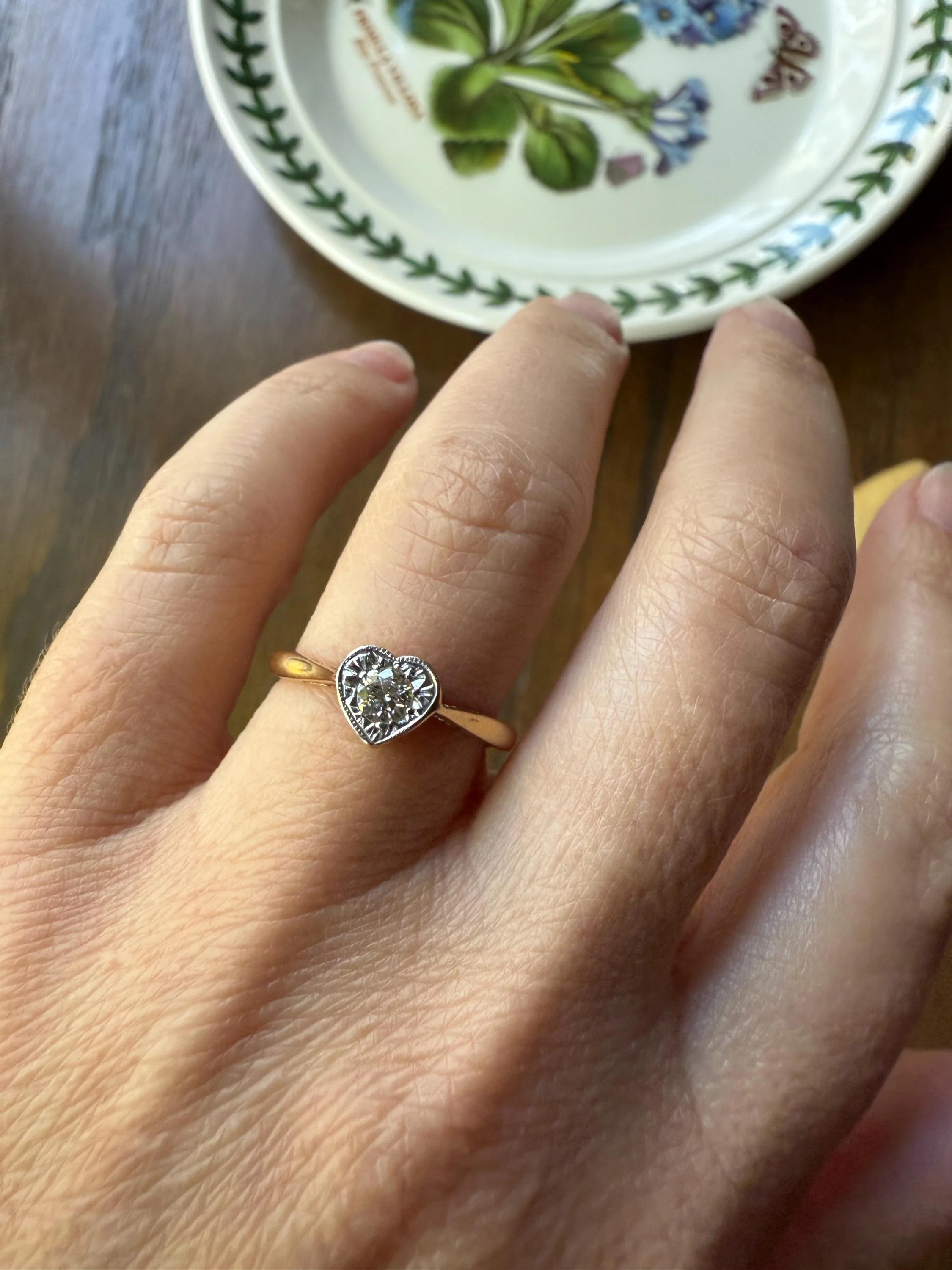 Vintage to Antique HEART Transitional Cut DIAMOND Ring Art Deco 18k Platinum Figural Stacker Band Romantic Gift Alt Engagement Starburst - Image 3