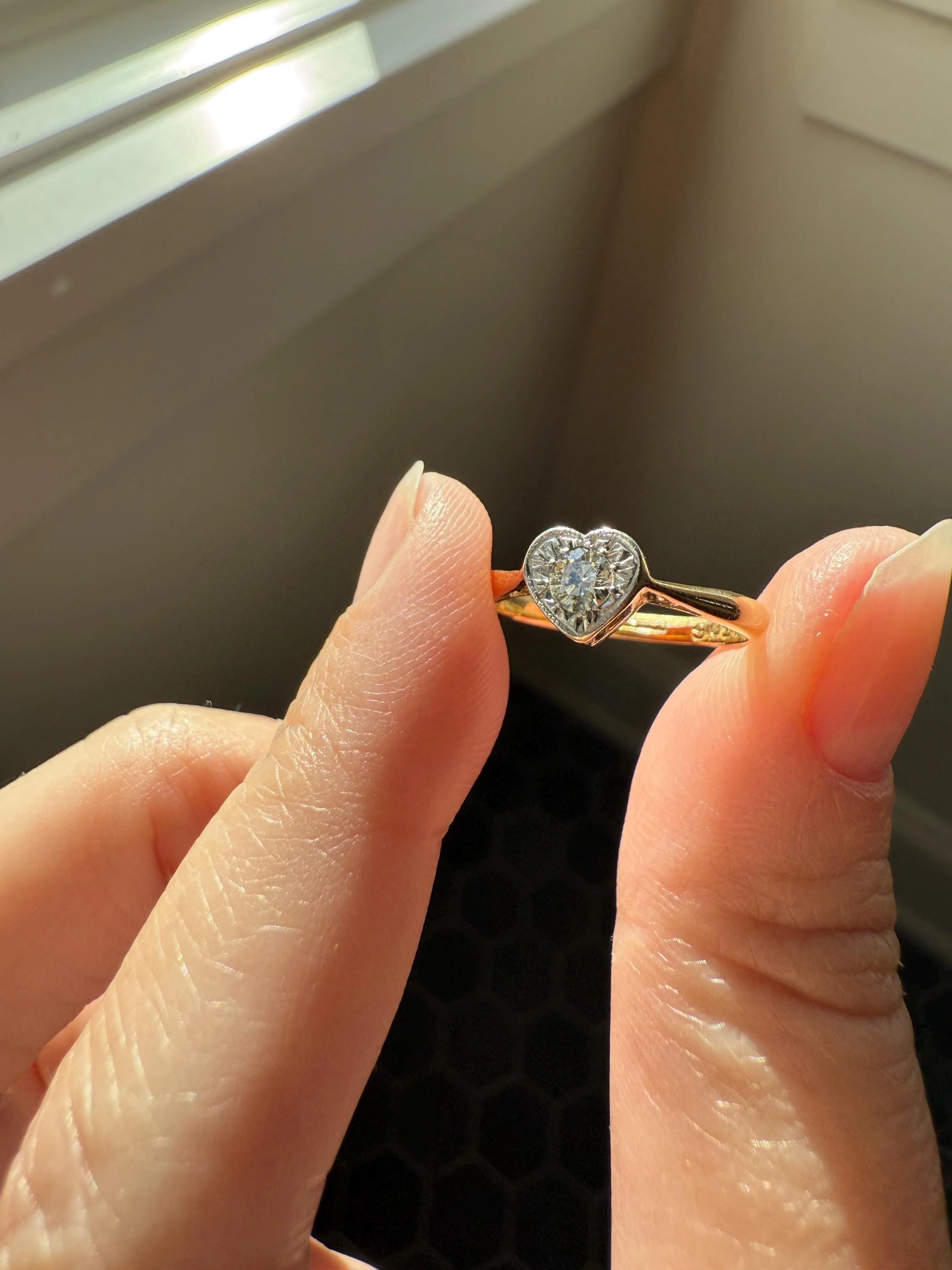 Vintage to Antique HEART Transitional Cut DIAMOND Ring Art Deco 18k Platinum Figural Stacker Band Romantic Gift Alt Engagement Starburst - Image 5