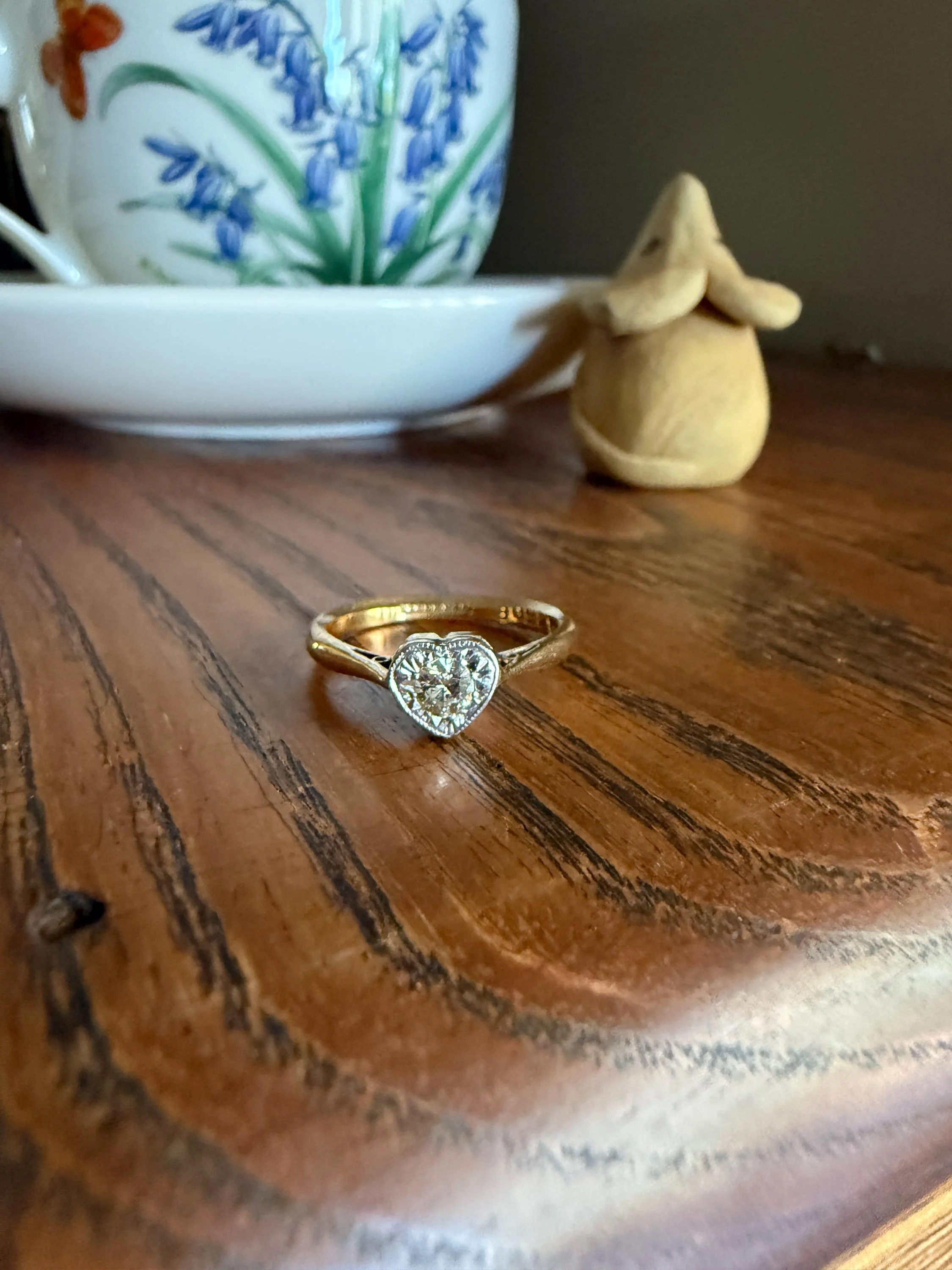 Vintage to Antique HEART Transitional Cut DIAMOND Ring Art Deco 18k Platinum Figural Stacker Band Romantic Gift Alt Engagement Starburst - Image 6
