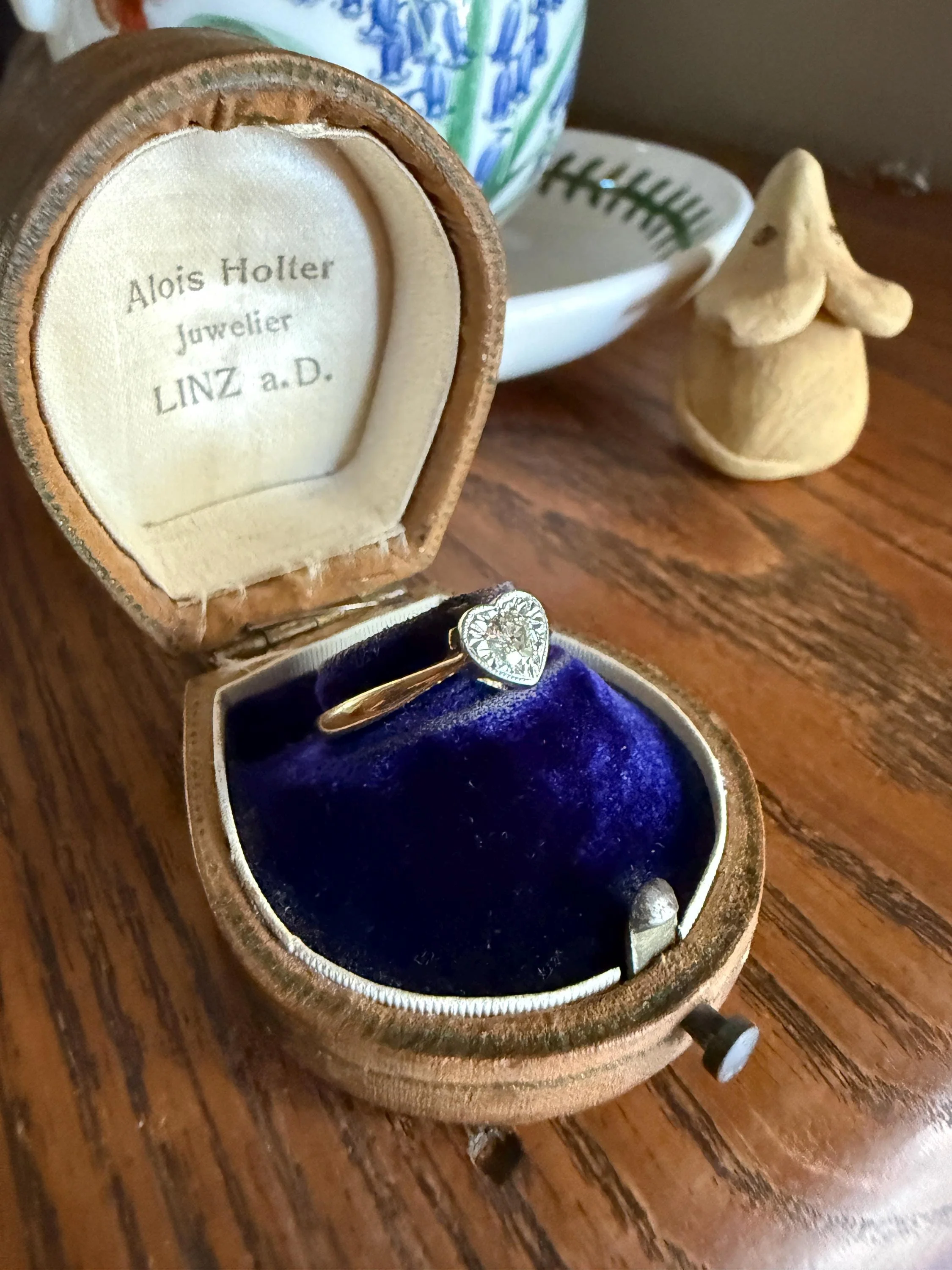 Vintage to Antique HEART Transitional Cut DIAMOND Ring Art Deco 18k Platinum Figural Stacker Band Romantic Gift Alt Engagement Starburst - Image 7