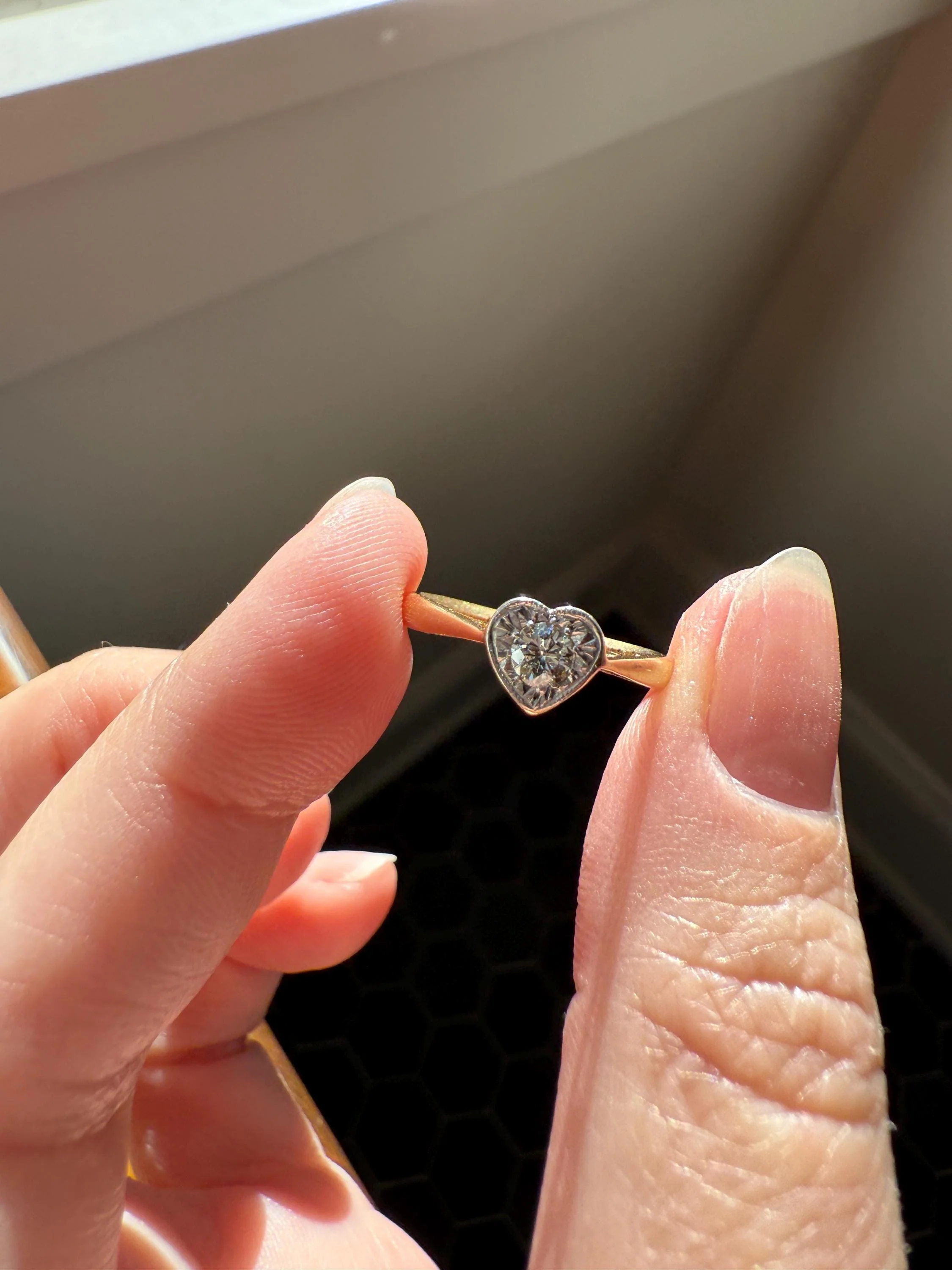 Vintage to Antique HEART Transitional Cut DIAMOND Ring Art Deco 18k Platinum Figural Stacker Band Romantic Gift Alt Engagement Starburst - Image 8