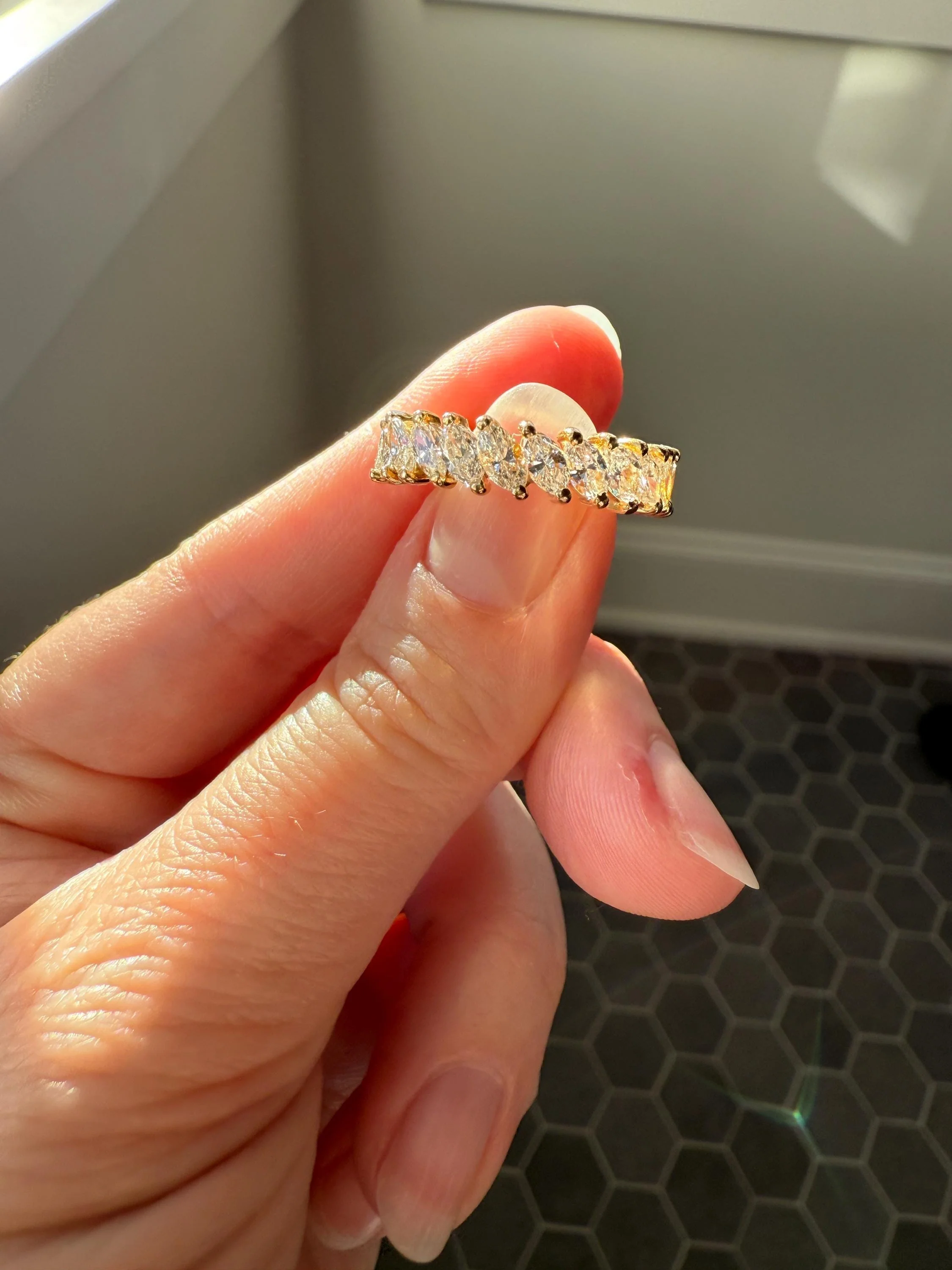 Vintage Two Carats Marquise Navette Cut DIAMOND Full Eternity Hoop Ring 18k Gold French Band Asymmetrical Angled Stacker - Image 12