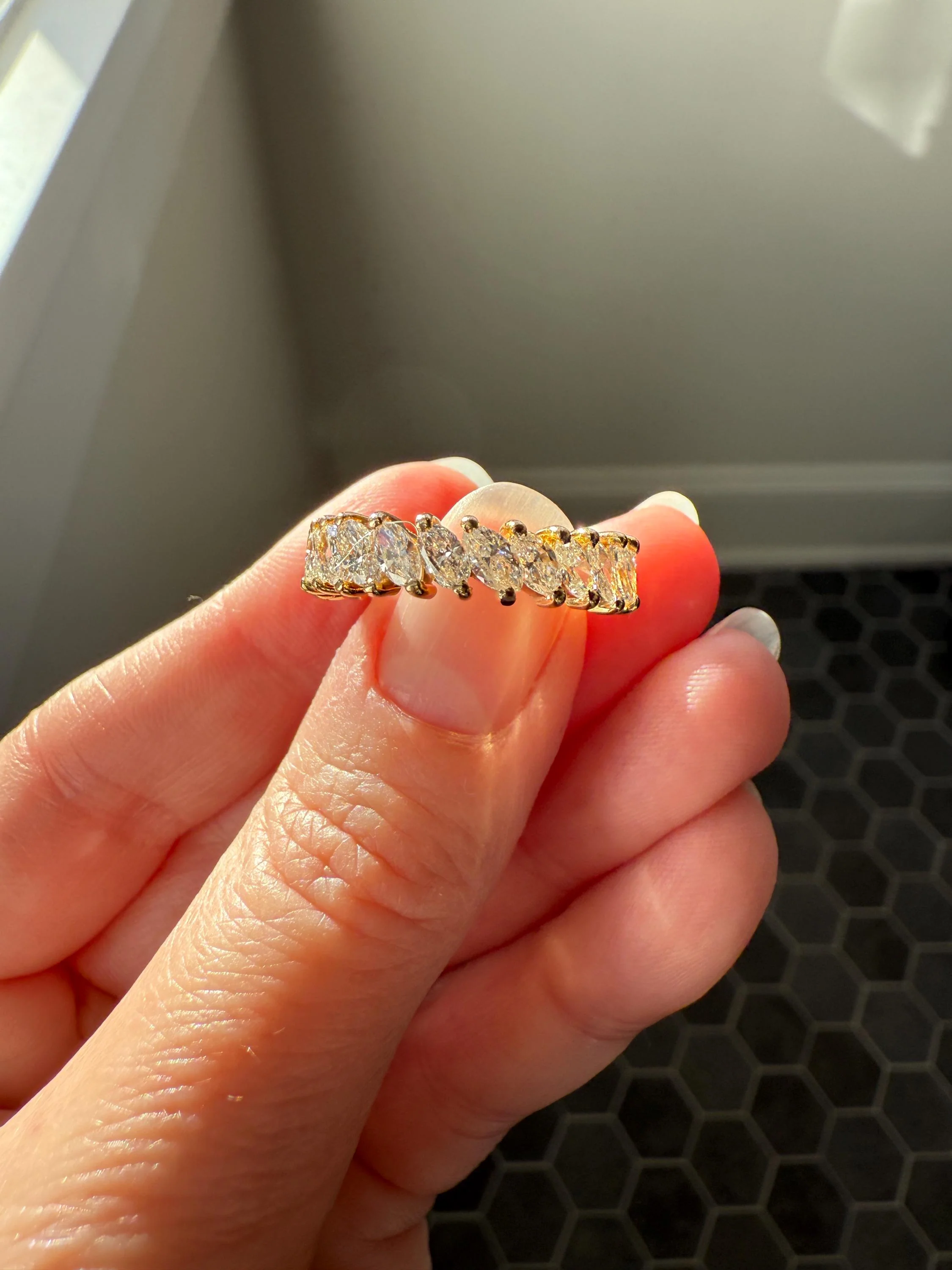 Vintage Two Carats Marquise Navette Cut DIAMOND Full Eternity Hoop Ring 18k Gold French Band Asymmetrical Angled Stacker - Image 13