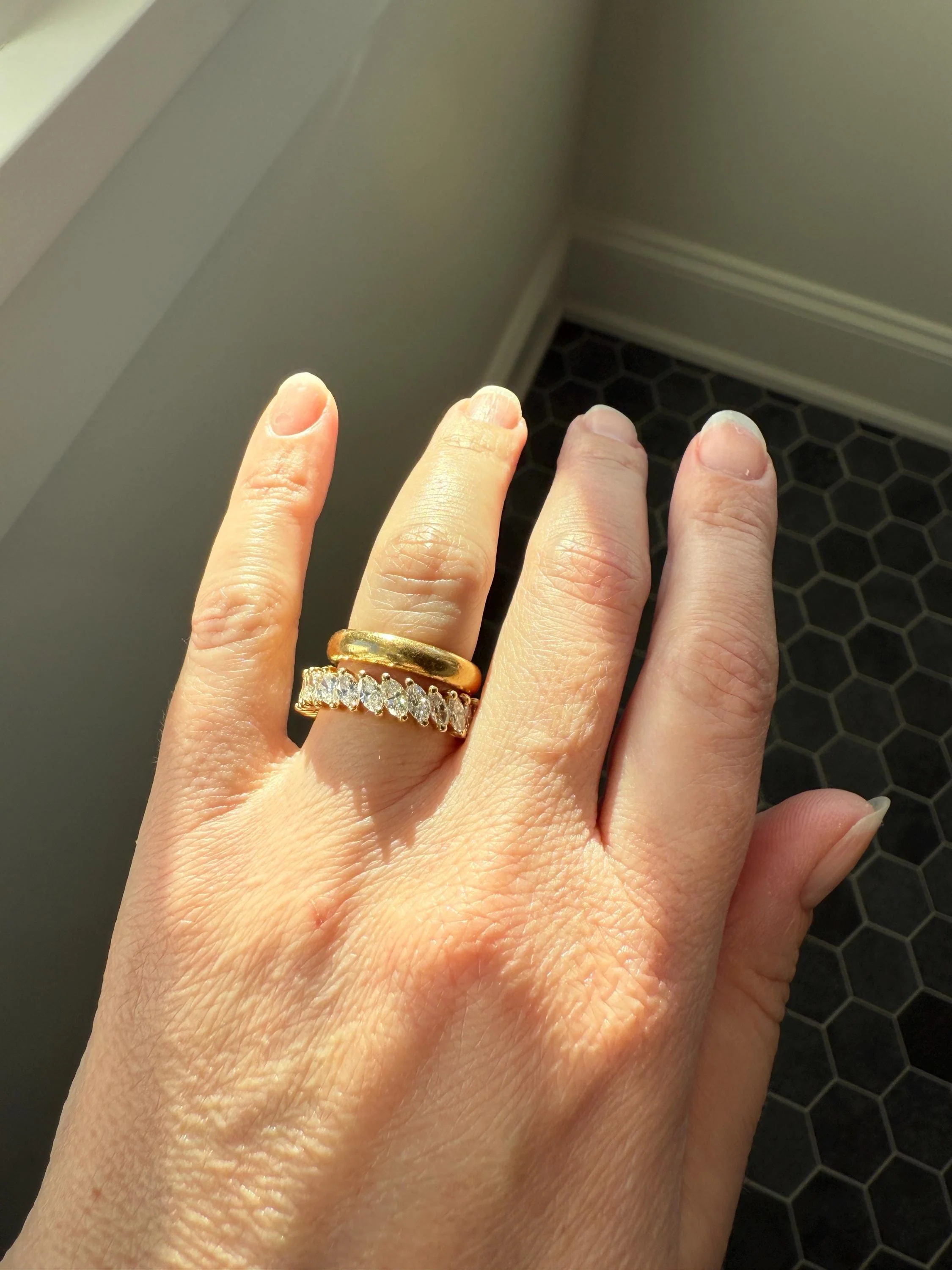 Vintage Two Carats Marquise Navette Cut DIAMOND Full Eternity Hoop Ring 18k Gold French Band Asymmetrical Angled Stacker - Image 16