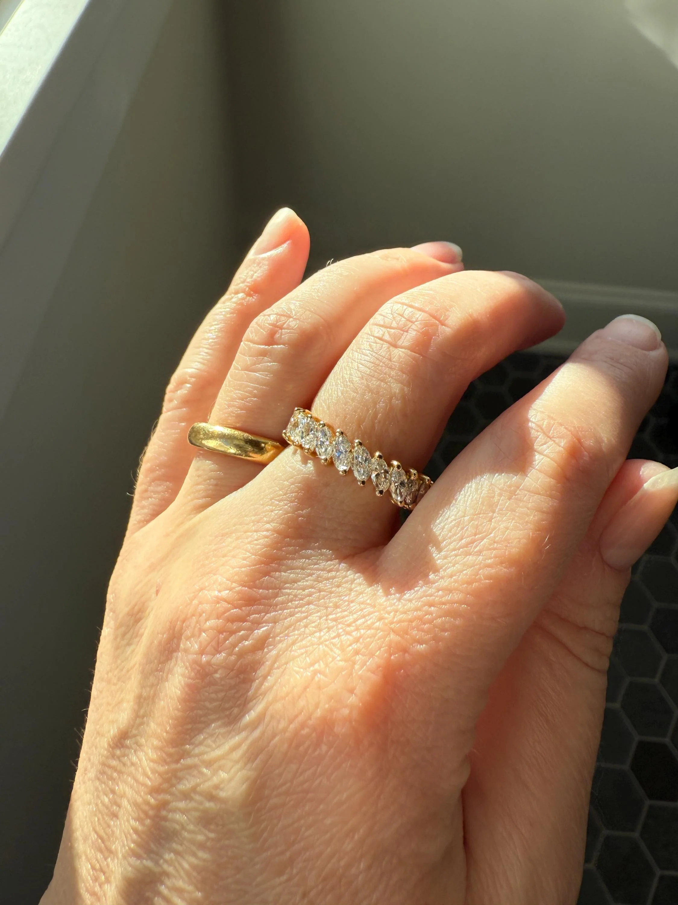 Vintage Two Carats Marquise Navette Cut DIAMOND Full Eternity Hoop Ring 18k Gold French Band Asymmetrical Angled Stacker - Image 17