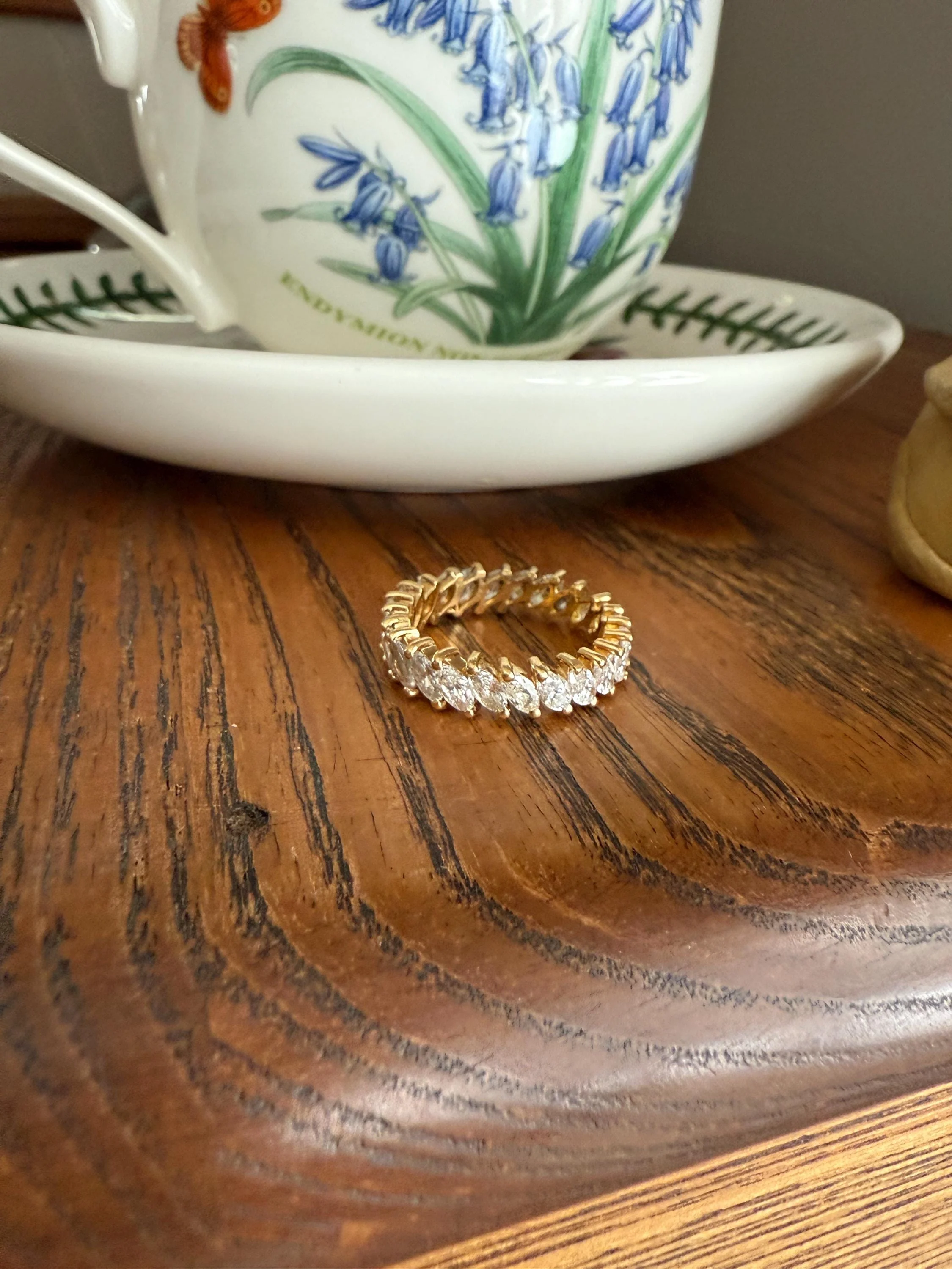 Vintage Two Carats Marquise Navette Cut DIAMOND Full Eternity Hoop Ring 18k Gold French Band Asymmetrical Angled Stacker - Image 19