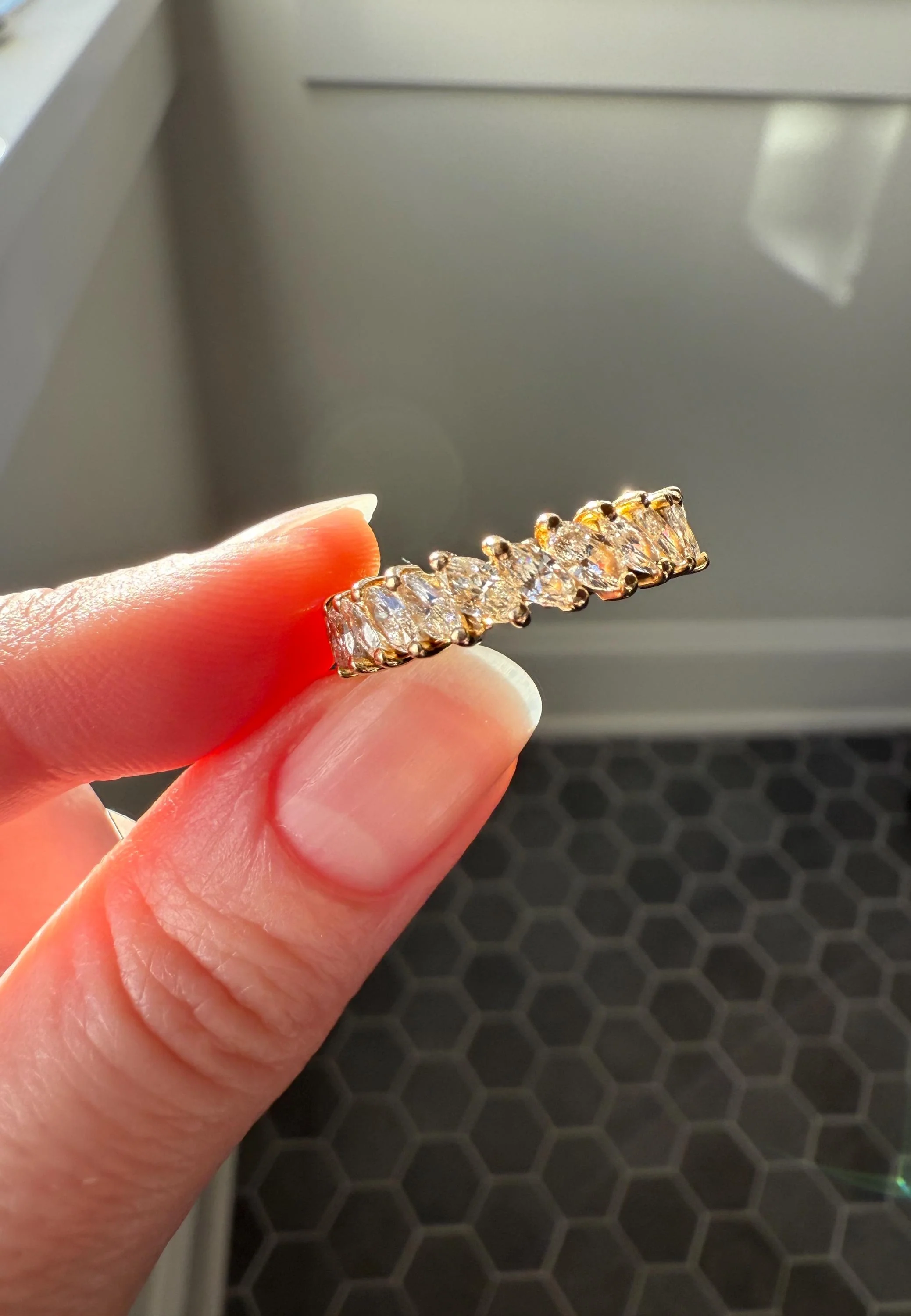 Vintage Two Carats Marquise Navette Cut DIAMOND Full Eternity Hoop Ring 18k Gold French Band Asymmetrical Angled Stacker - Image 2