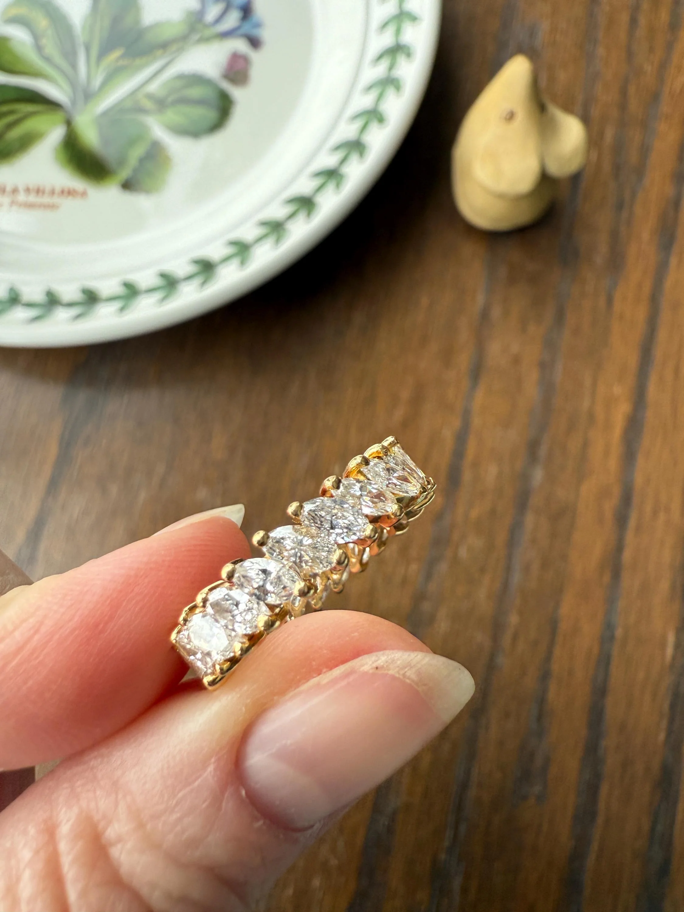 Vintage Two Carats Marquise Navette Cut DIAMOND Full Eternity Hoop Ring 18k Gold French Band Asymmetrical Angled Stacker - Image 3