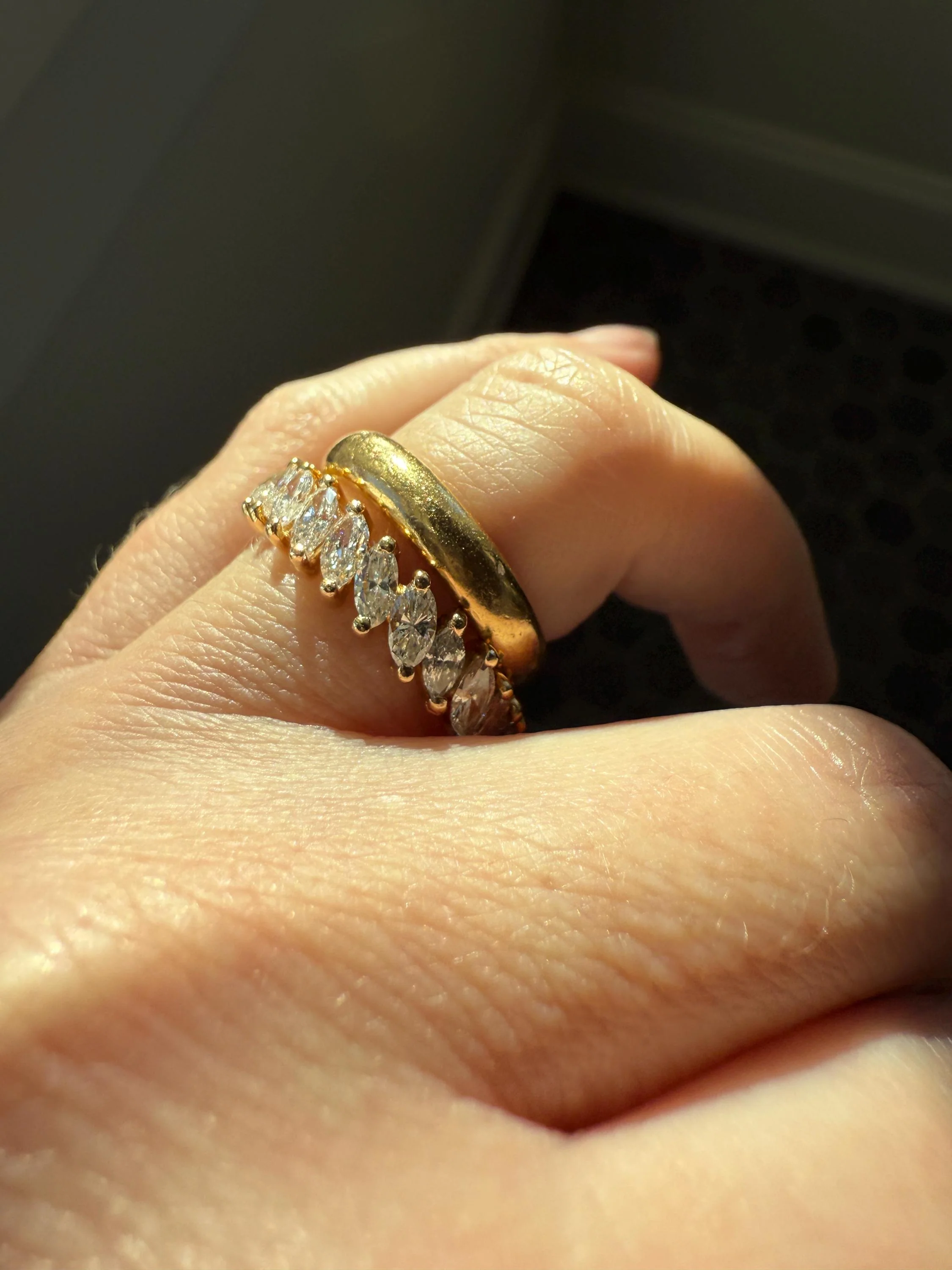 Vintage Two Carats Marquise Navette Cut DIAMOND Full Eternity Hoop Ring 18k Gold French Band Asymmetrical Angled Stacker - Image 4