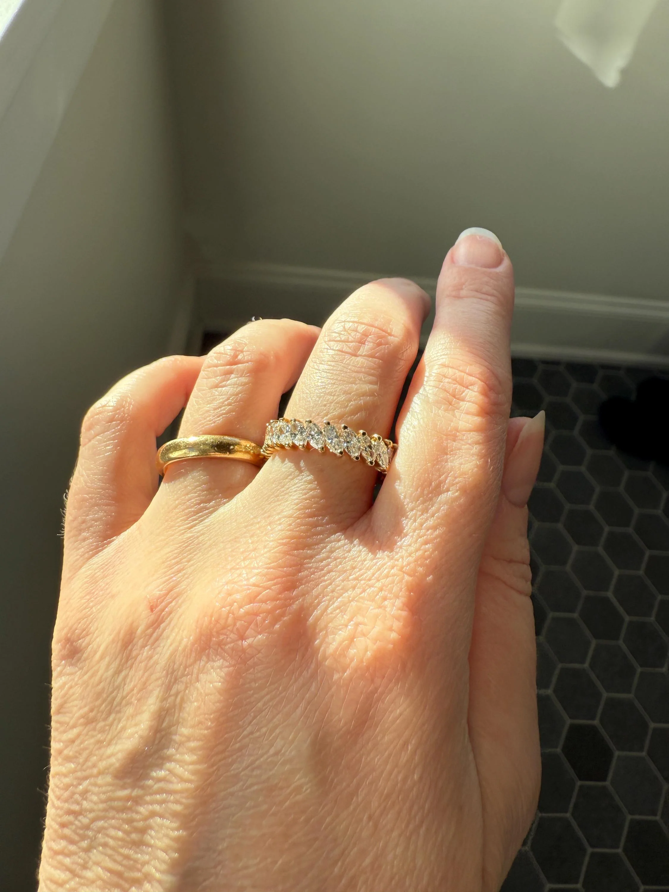 Vintage Two Carats Marquise Navette Cut DIAMOND Full Eternity Hoop Ring 18k Gold French Band Asymmetrical Angled Stacker - Image 6