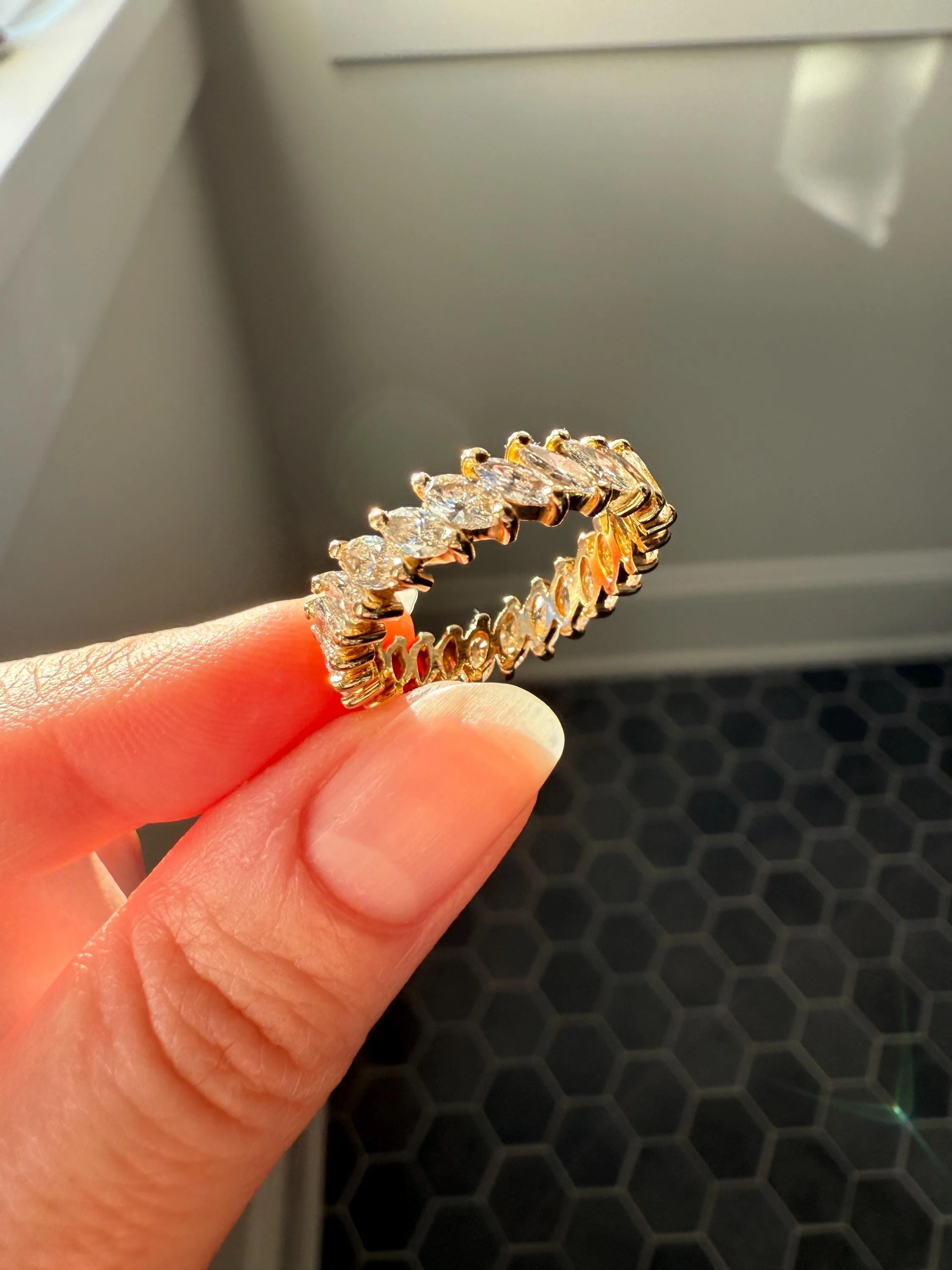 Vintage Two Carats Marquise Navette Cut DIAMOND Full Eternity Hoop Ring 18k Gold French Band Asymmetrical Angled Stacker - Image 8