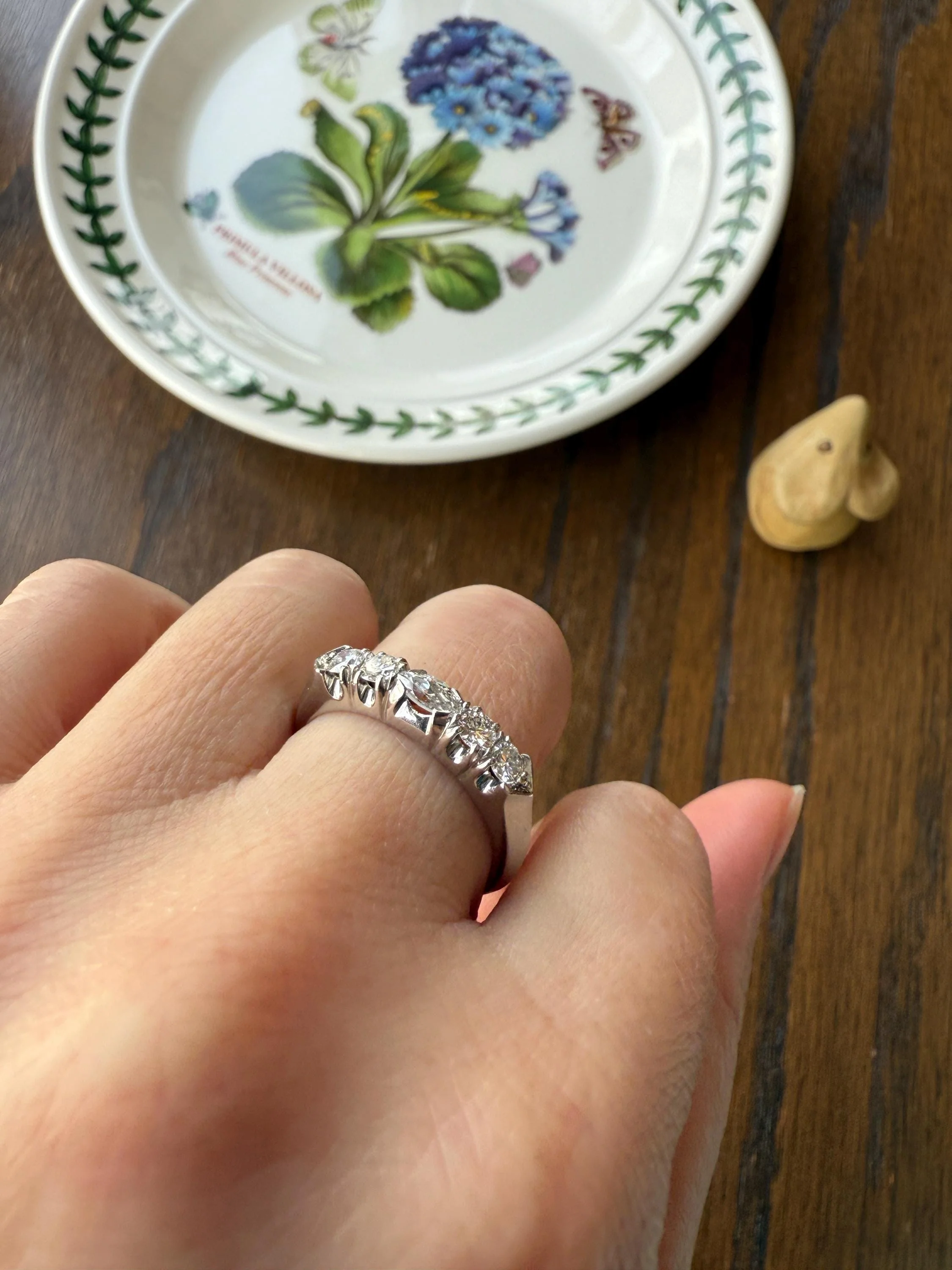 Vintage Unique .75 Carat Tdw East West Old Cut MARQUISE Navette Cut Diamond Five Stone Band Ring Palladium Platinum Look - Image 10