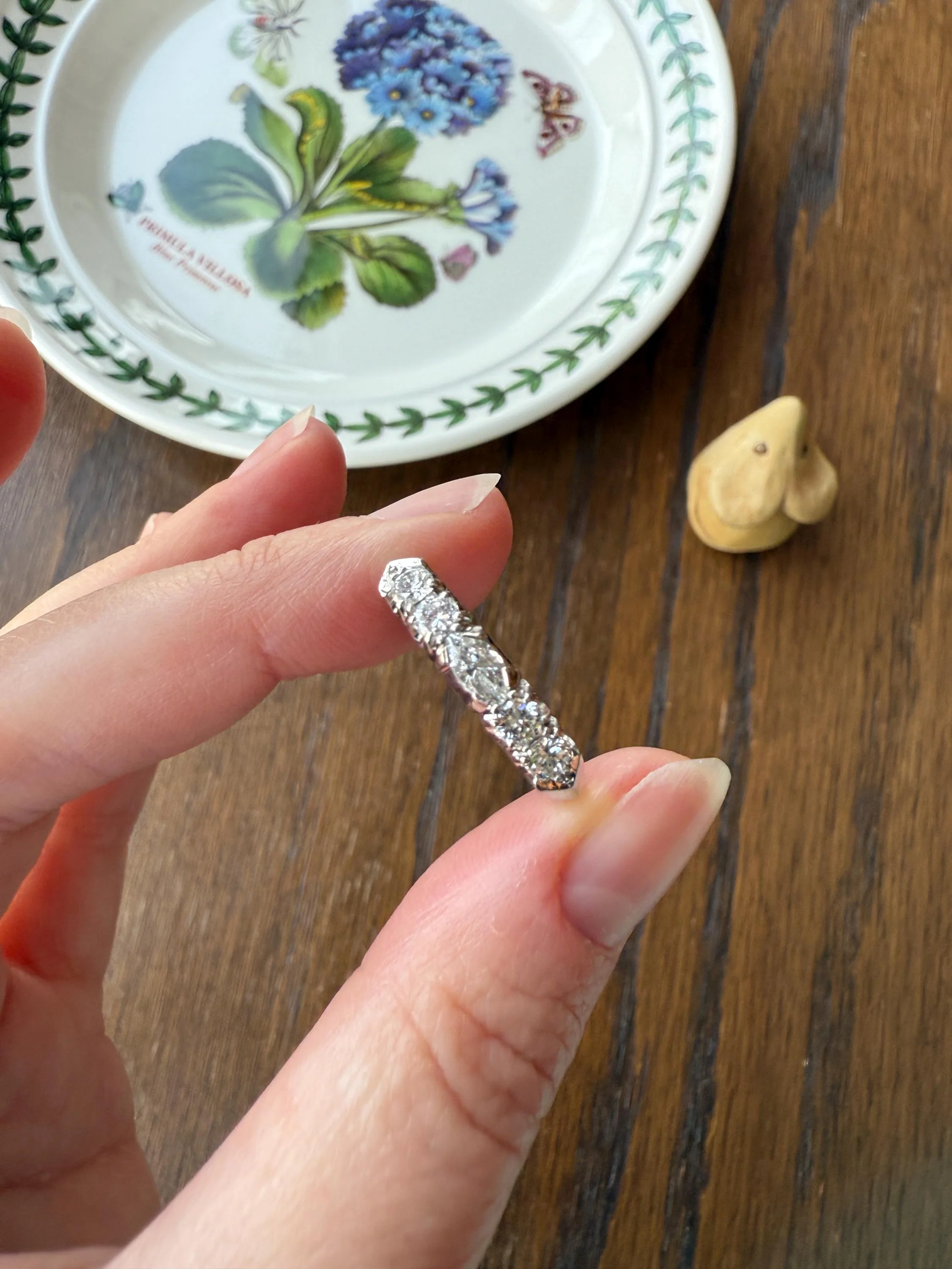 Vintage Unique .75 Carat Tdw East West Old Cut MARQUISE Navette Cut Diamond Five Stone Band Ring Palladium Platinum Look - Image 12