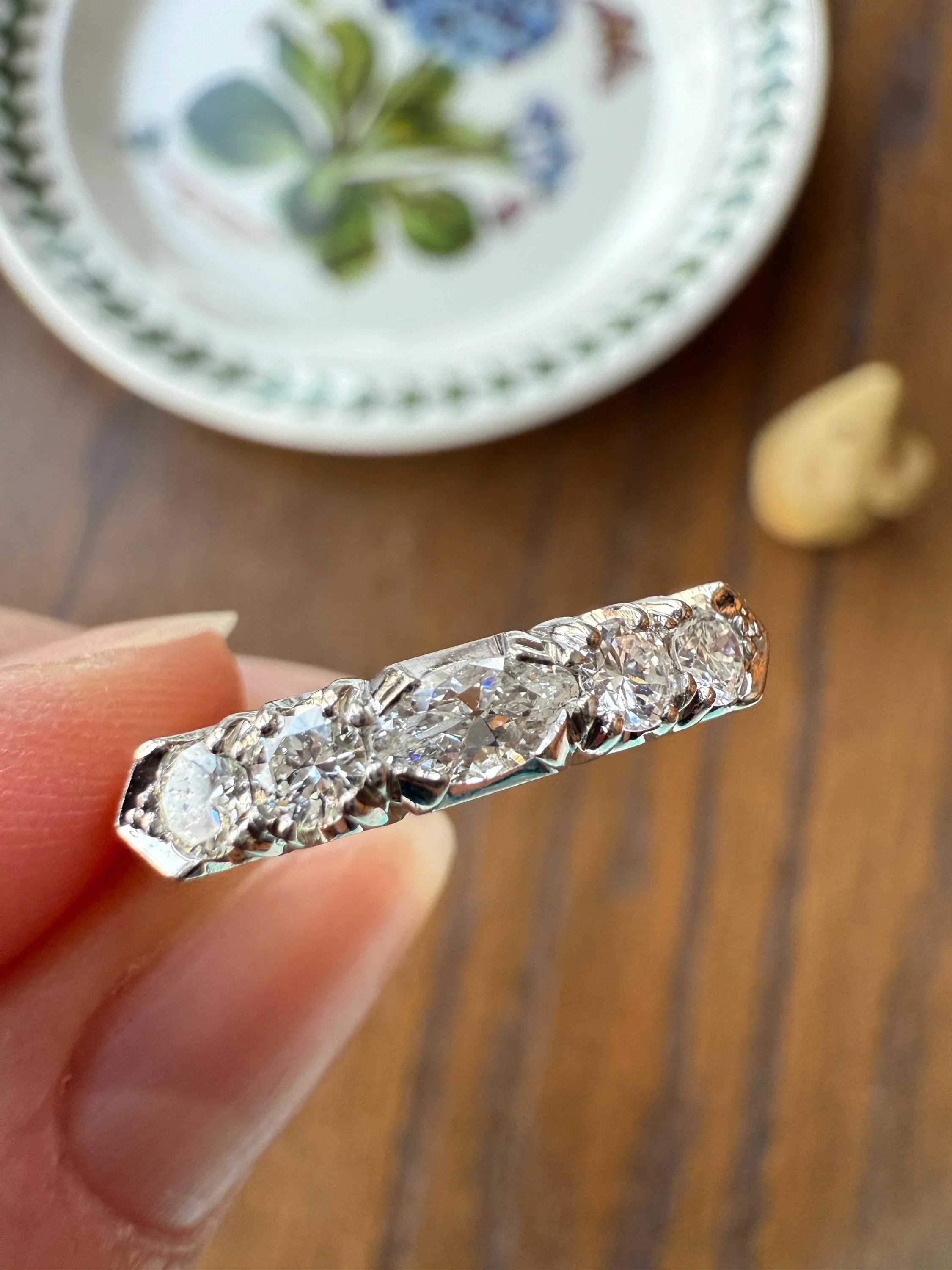 Vintage Unique .75 Carat Tdw East West Old Cut MARQUISE Navette Cut Diamond Five Stone Band Ring Palladium Platinum Look - Image 14
